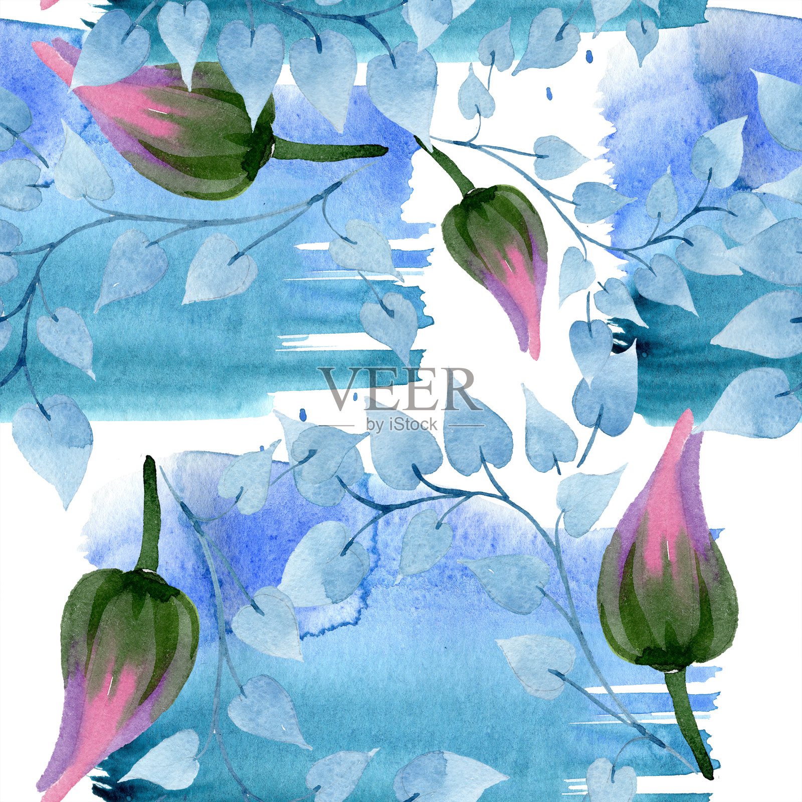 装饰花卉植物花。水彩画时尚孤立水彩画。无缝的背景图案。插画图片素材