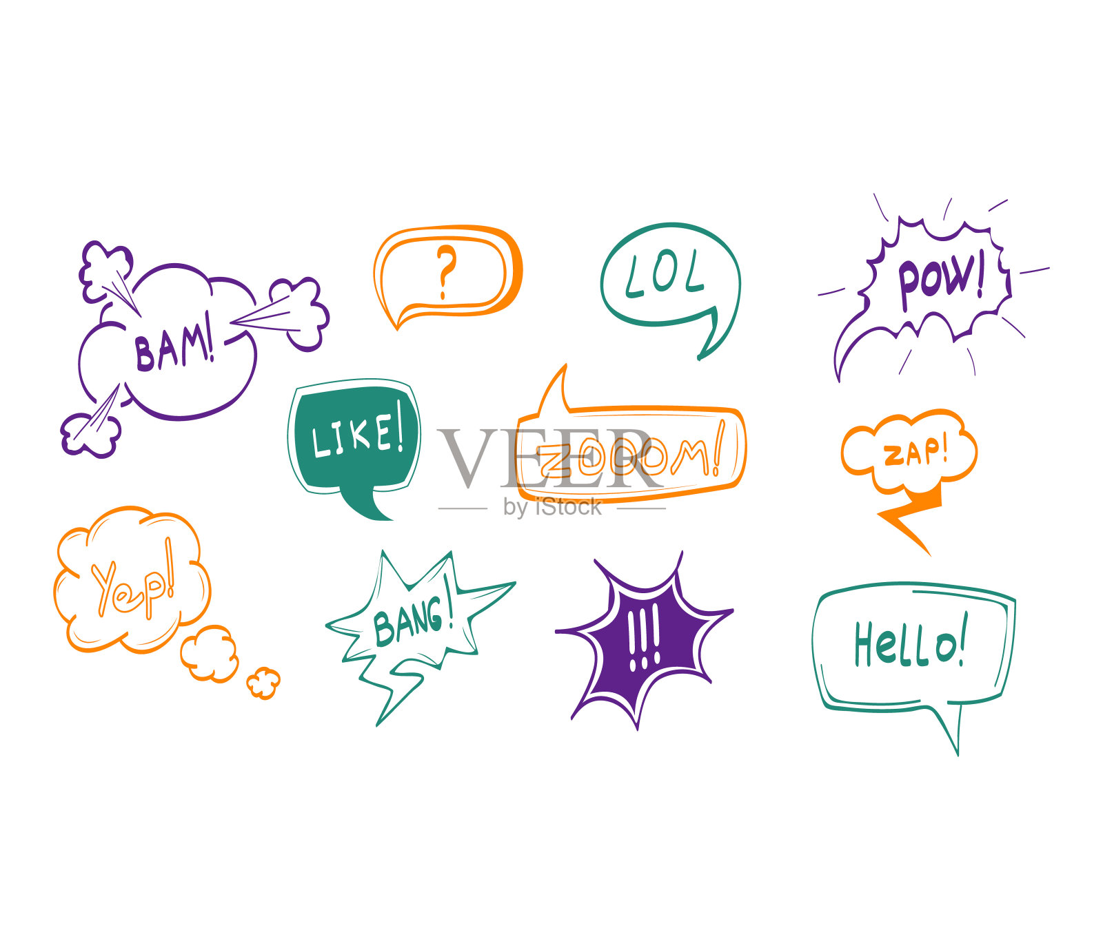 手绘漫画讲话气泡细线图标集。向量设计元素图片