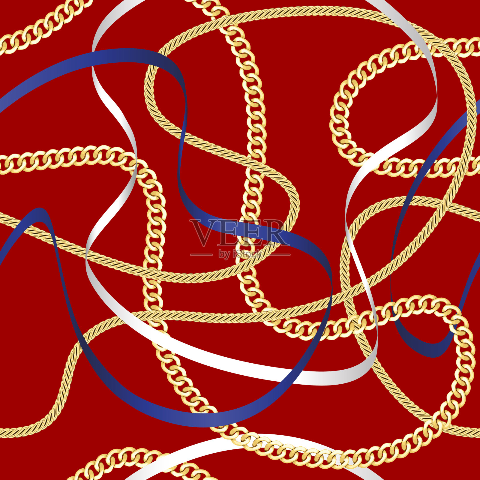 红色背景上的金色链条无缝图案。插画图片素材