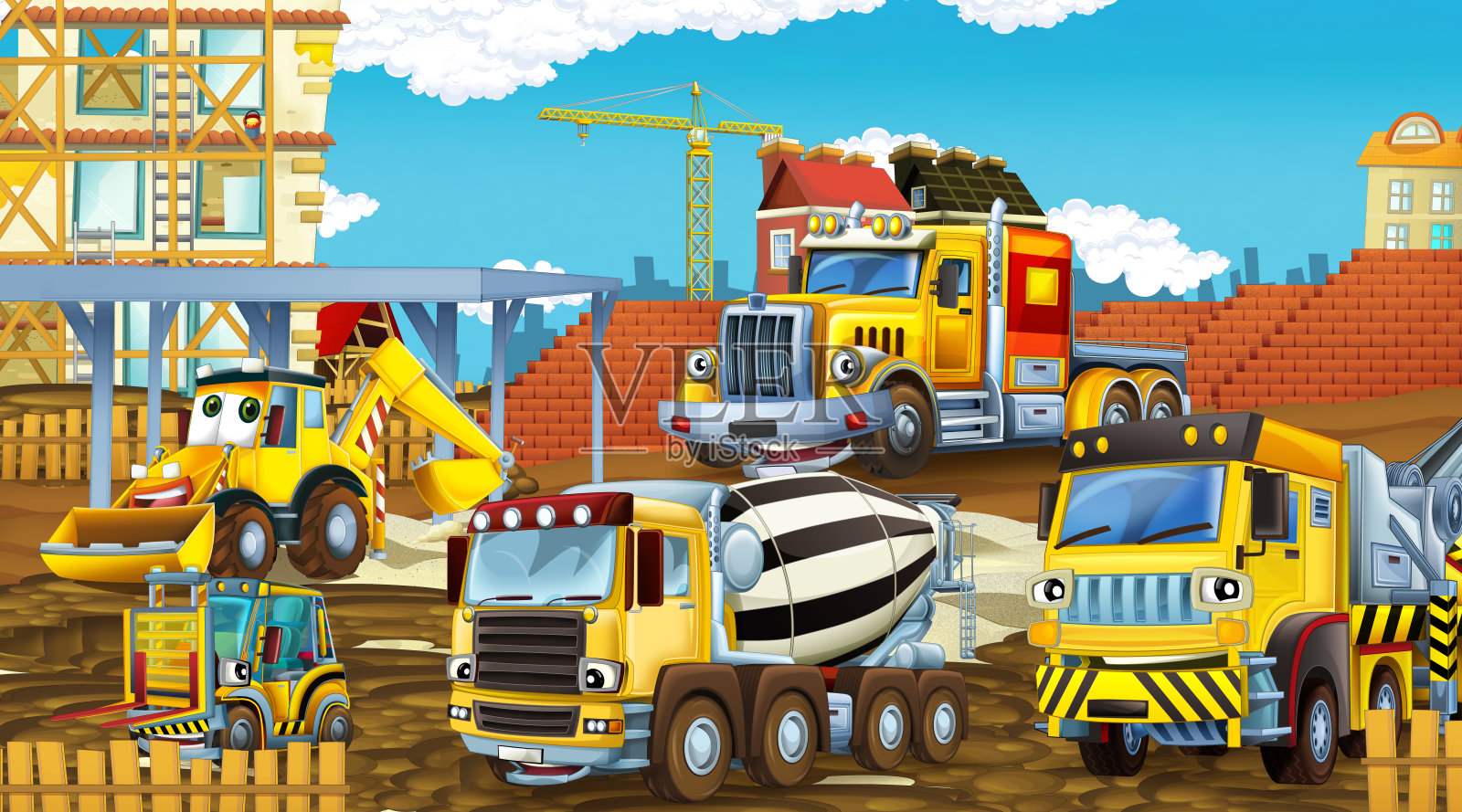 卡通场景与不同的施工现场车辆插画图片素材