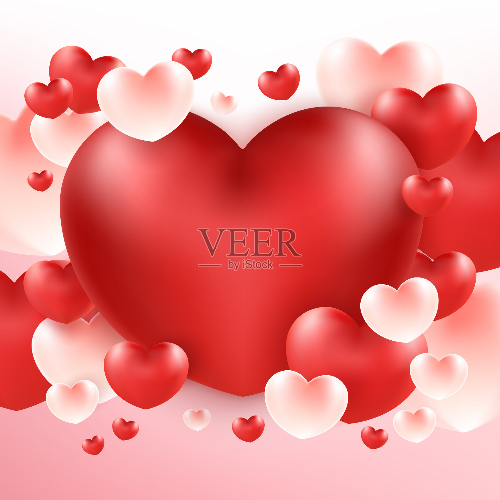 一大串心形气球背景上的红色大心脏。插画图片素材