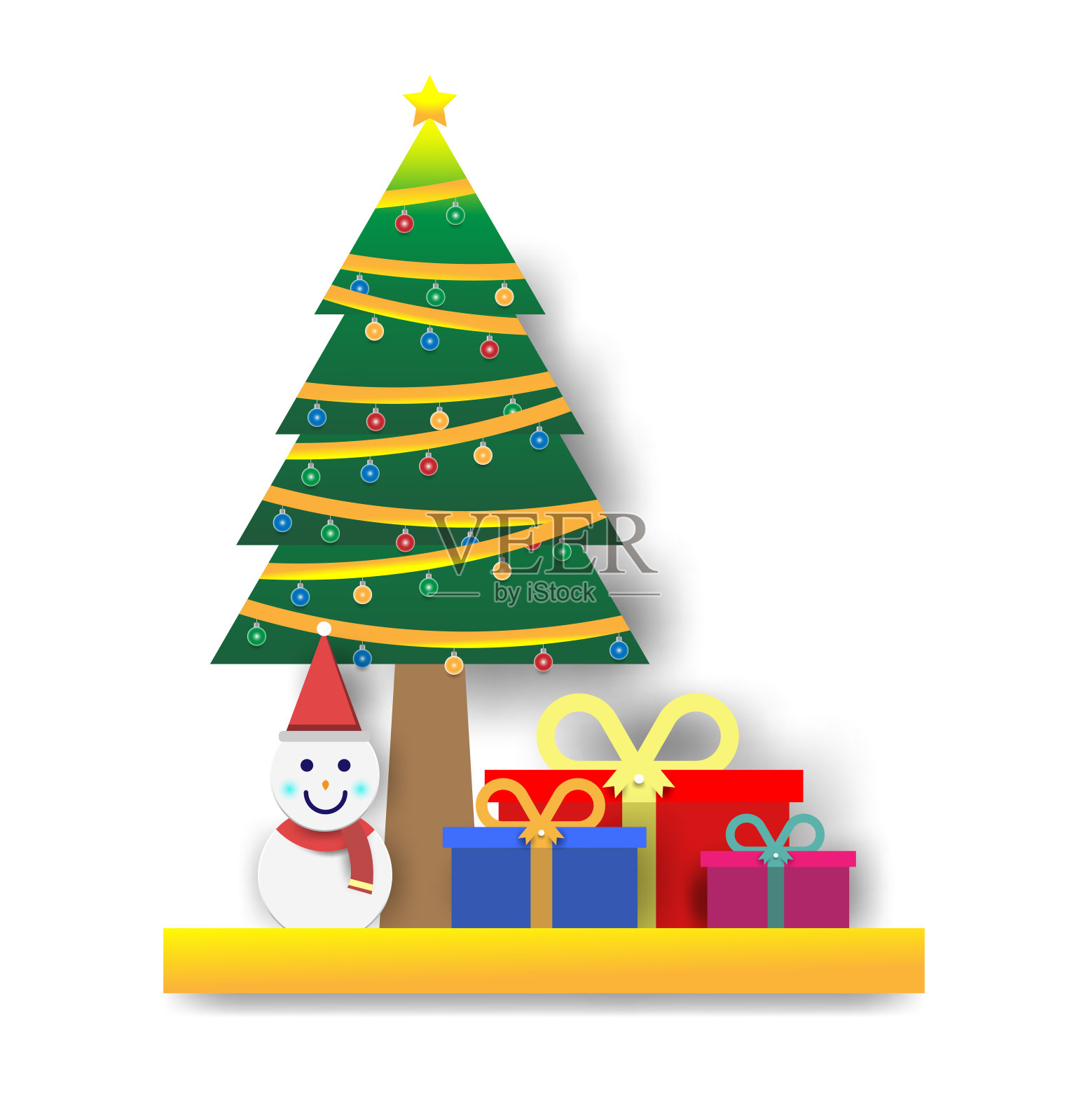 圣诞树，雪人和礼盒。插画图片素材