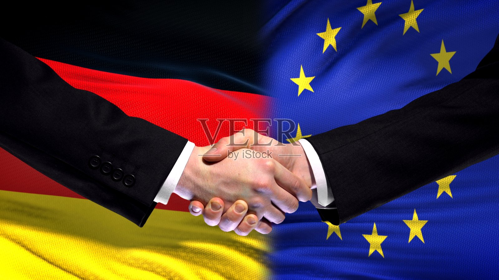 德国与欧盟握手，国际友谊，旗帜背景照片摄影图片