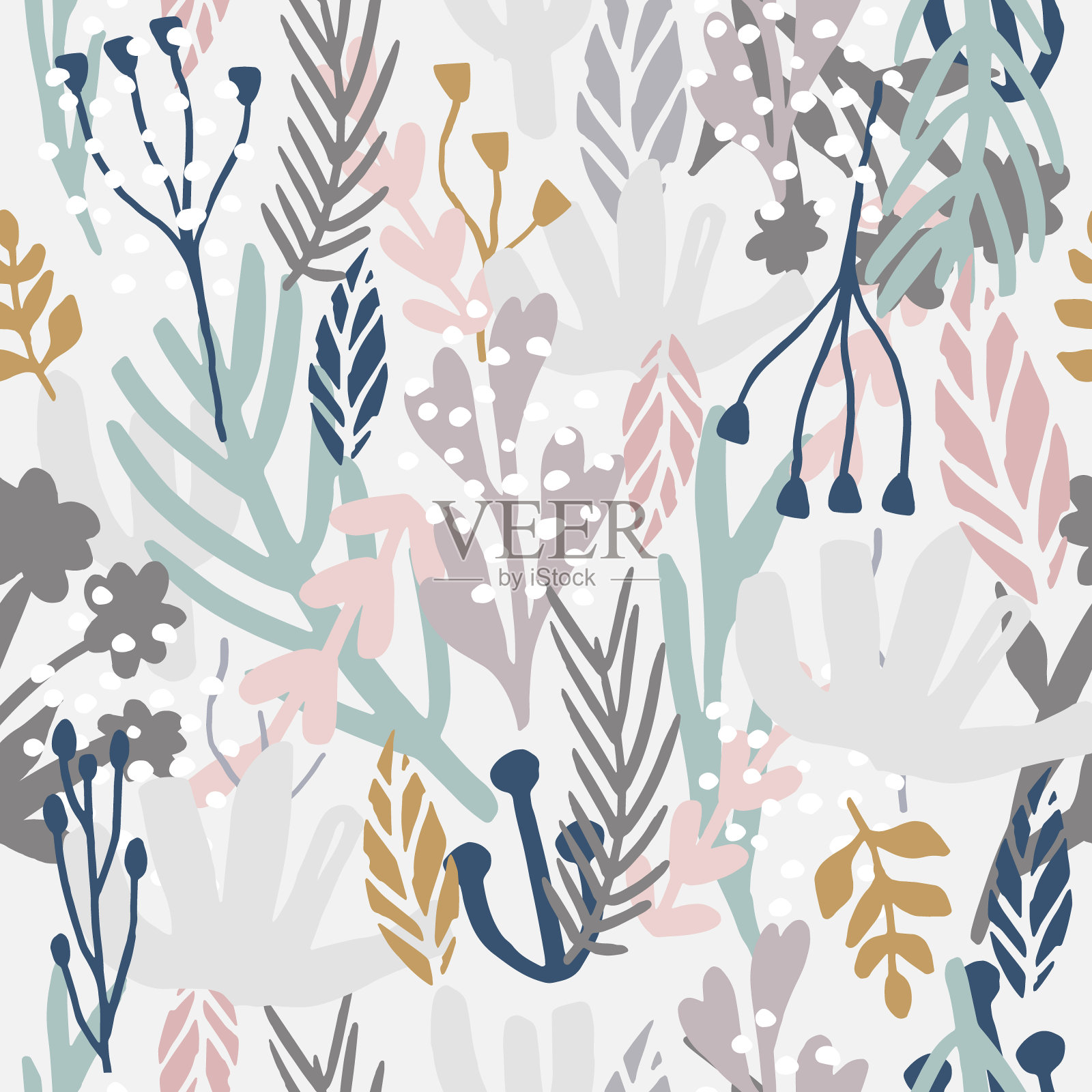 无缝单调图案与花，枝，叶。创意花卉纹理。非常适合织物，纺织矢量插图插画图片素材