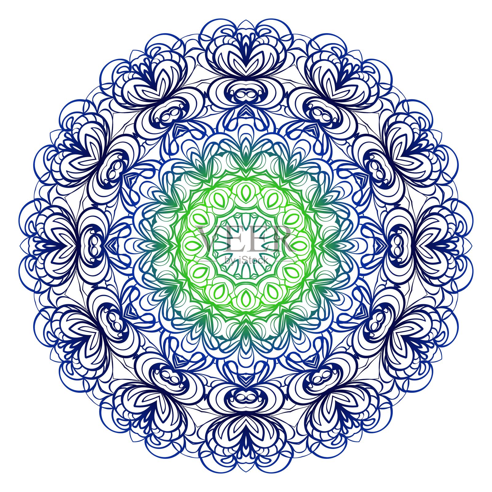 花蓝，绿染曼陀罗。装饰元素。东方模式，矢量插图。印度，摩洛哥，神秘主义，奥斯曼帝国的主题。插画图片素材