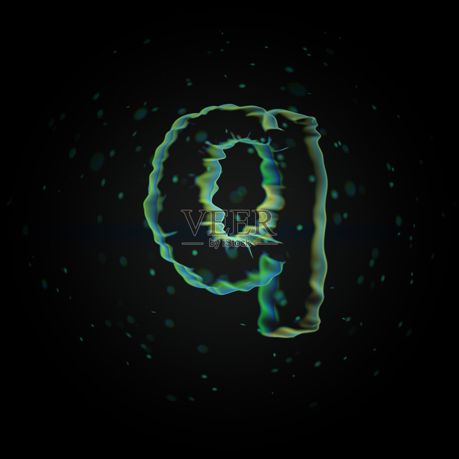 微观字母Q小写。3D渲染纳米字体与微小的颗粒在黑色的背景照片摄影图片