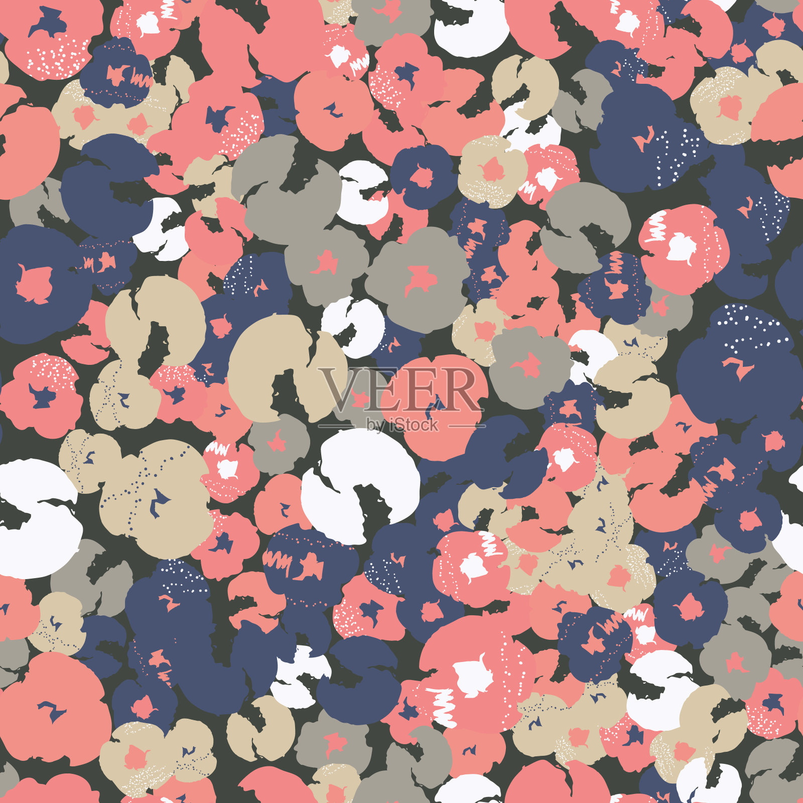 抽象画普遍采用写意花卉无缝图案。背景，卡片，横幅，海报，封面，请柬，织物，标题或宣传册的平面设计插画图片素材