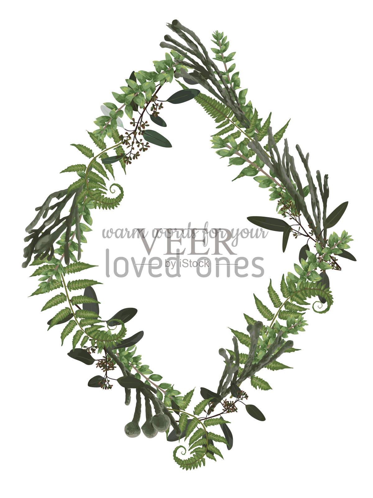 矢量花卡设计。绿色蕨类森林草本叶子，桉树，蕨，黄杨木。天然植物迎宾婚礼邀请编辑模板菱形，菱形。帧边界插画图片素材