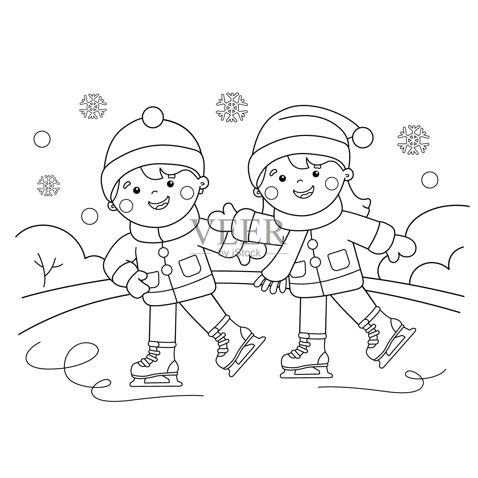 涂色页的卡通男孩与女孩滑冰的轮廓冬季运动儿童涂色书插画图片素材