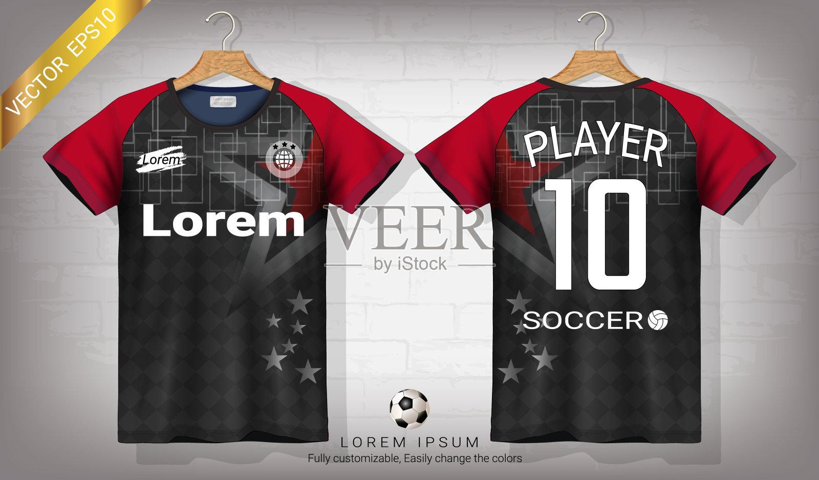 足球运动衫和t恤运动模型模板，足球装备或运动服制服的图形设计，准备自定义标志和名称，轻松更改您的团队的颜色和字体样式。插画图片素材