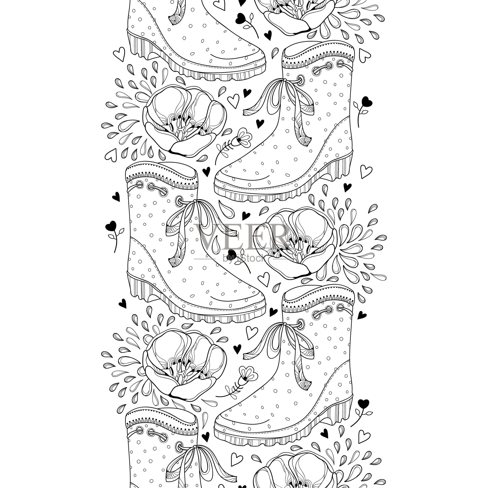 矢量垂直无缝模式与轮廓开放郁金香花，橡胶靴和心在黑色的白色背景。插画图片素材
