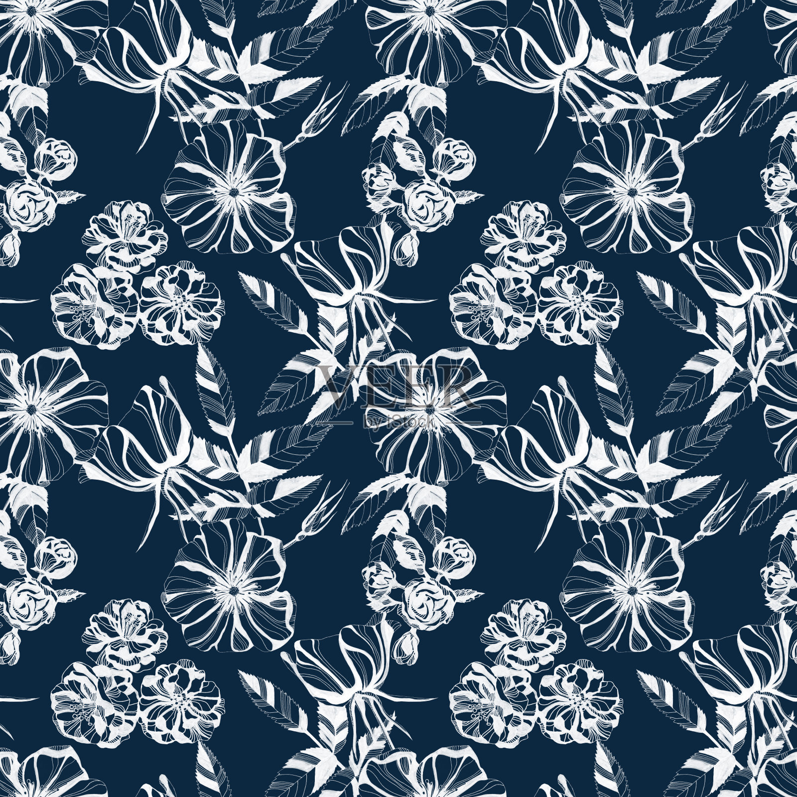 野玫瑰无缝图案。手绘墨水插图。墙纸或织物设计。插画图片素材