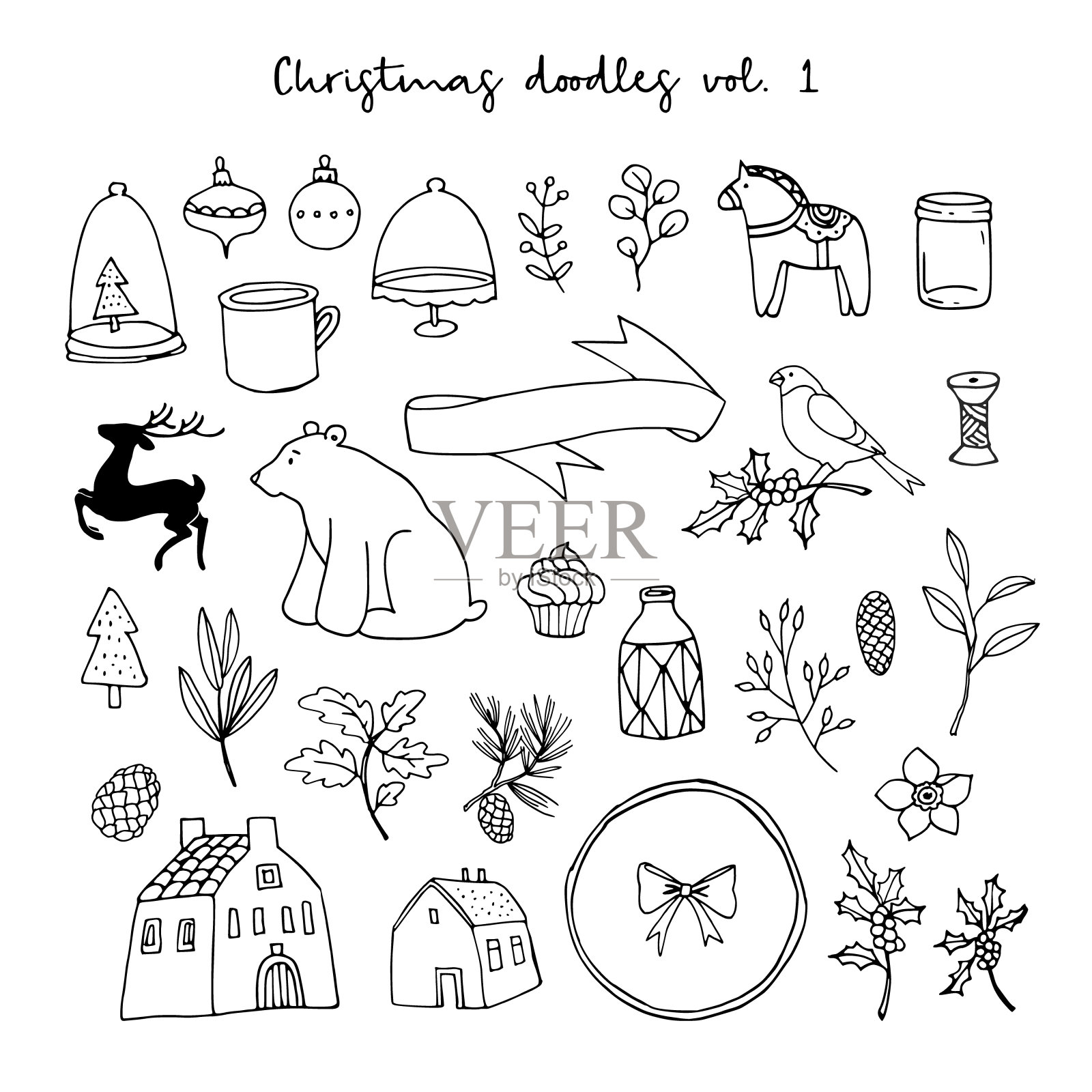 圣诞涂鸦图标集。白色背景上的黑色孤立素描。动物，花卉，房子和生活方式矢量插图。插画图片素材
