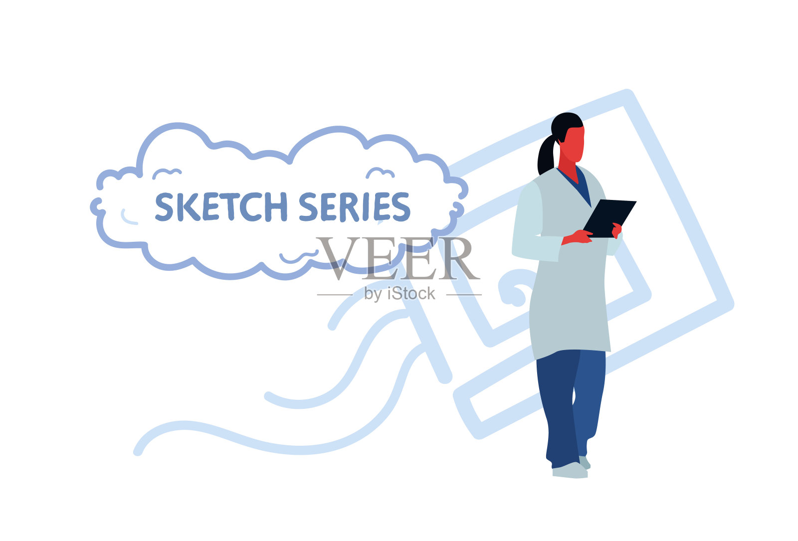 医生妇女手持夹板医院工作人员白色制服与听诊器保健概念素描涂鸦女性全长横卧插画图片素材