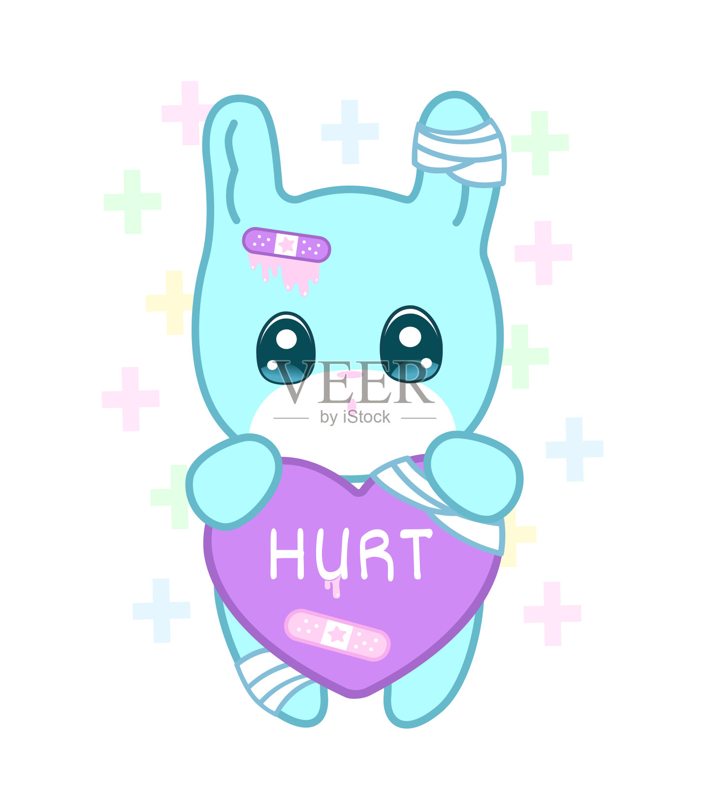 在雅米卡哇伊风格中受伤的兔子的耳朵和心脏设计元素图片