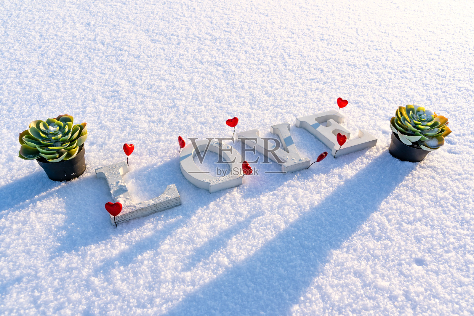 在阳光明媚的冬日里，从木片上孤立的单词“爱”的特写，白色的背景和红色的心形装饰围绕它-爱的概念，幸福和快乐的情人节照片摄影图片