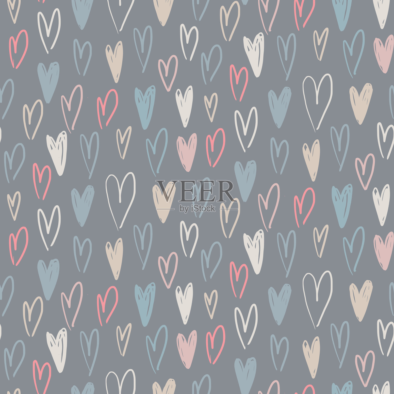 矢量无缝模式与手绘心形在草图风格。插画图片素材