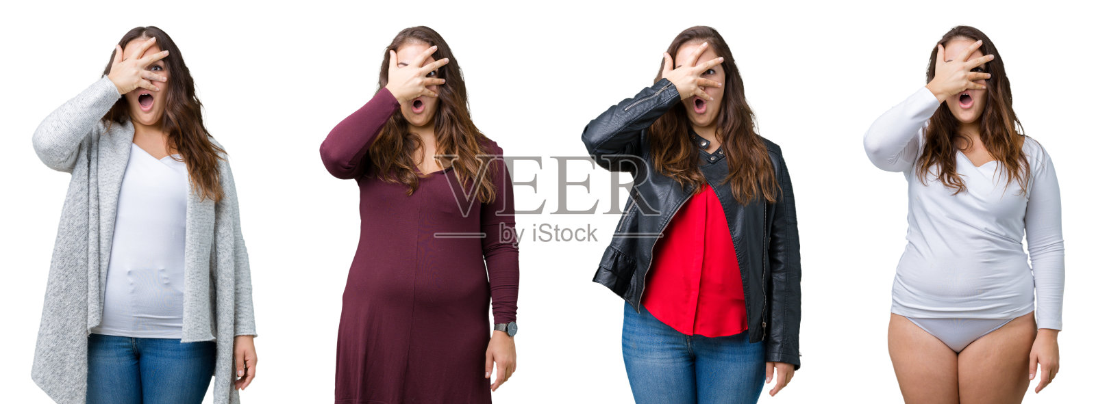 拼贴的美丽的大尺寸女人在孤立的背景中窥视在震惊覆盖的脸和眼睛用手，透过手指看着尴尬的表情。照片摄影图片