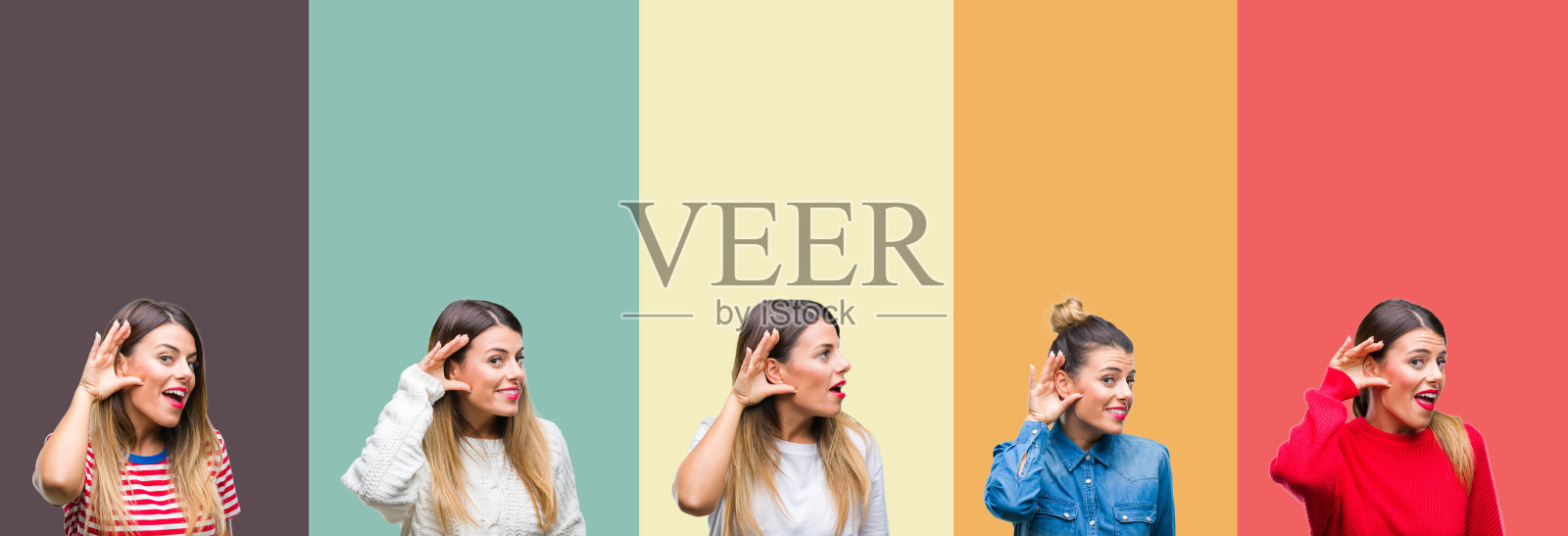 年轻美丽的女子贴在彩色复古孤立的背景微笑着捂着耳朵听一听谣言或八卦。耳聋的概念。照片摄影图片