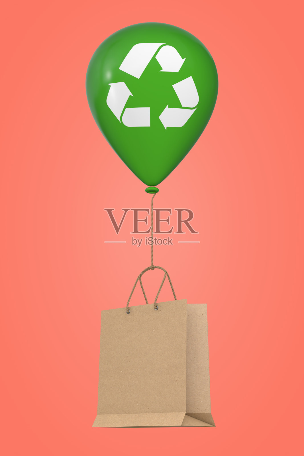 棕色回收纸购物袋漂浮与绿色氦气气球与回收标志。3d渲染照片摄影图片