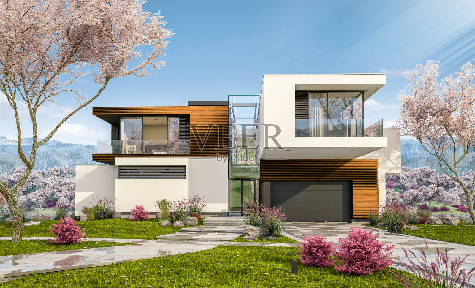 春天河边现代住宅的3d渲染照片摄影图片