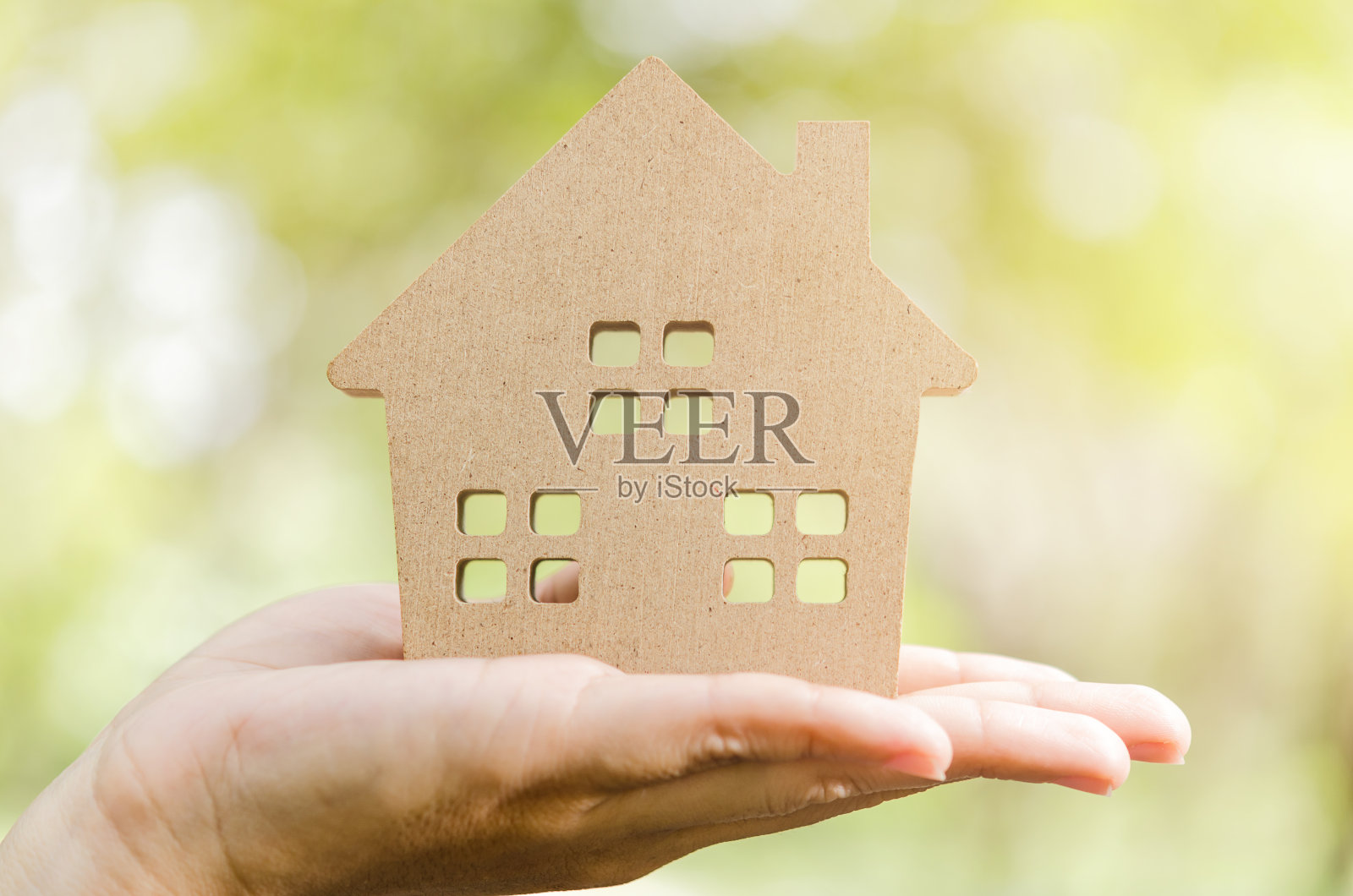 女士手握木雕家在自然模糊散景的环境背景下照片摄影图片