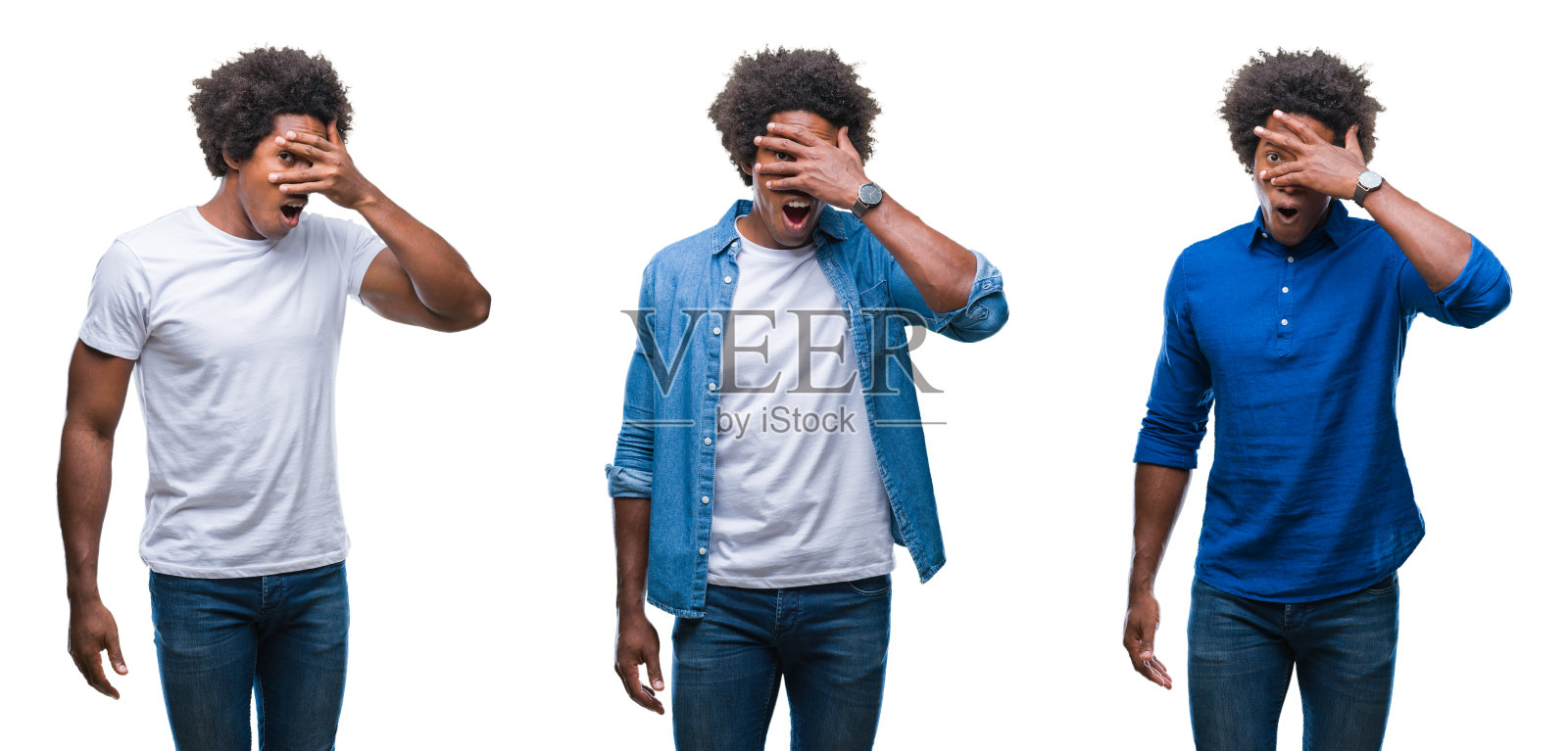 拼贴的非洲裔美国青年赤胸男子和商人在孤立的背景中窥视在震惊覆盖的脸和眼睛用手，透过手指看着尴尬的表情。照片摄影图片