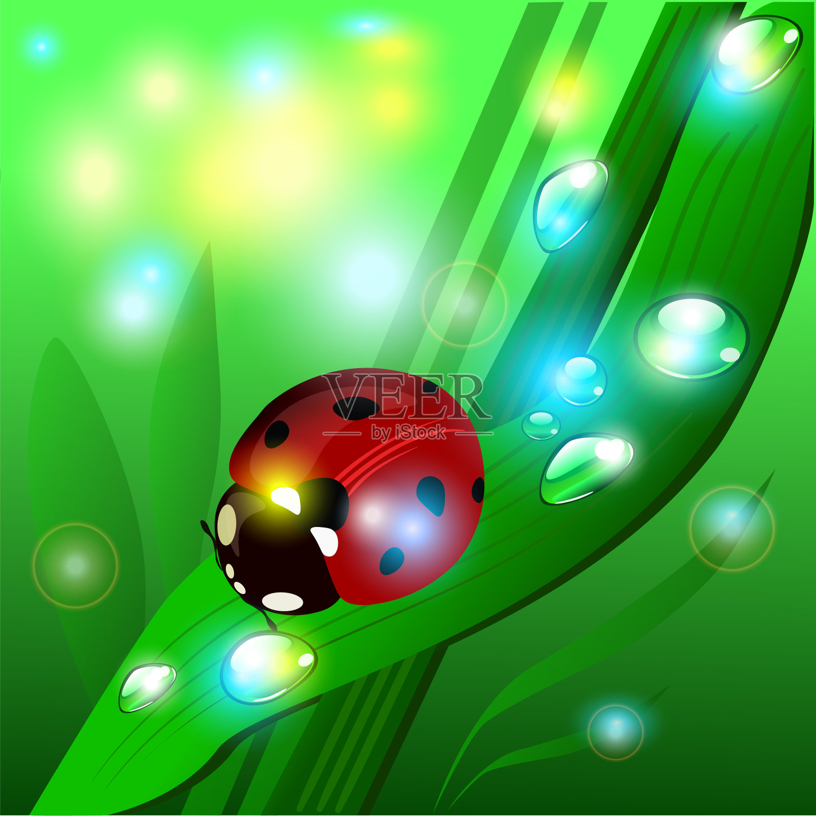 矢量夏季插图与眩光的太阳，瓢虫，草和照耀插画图片素材