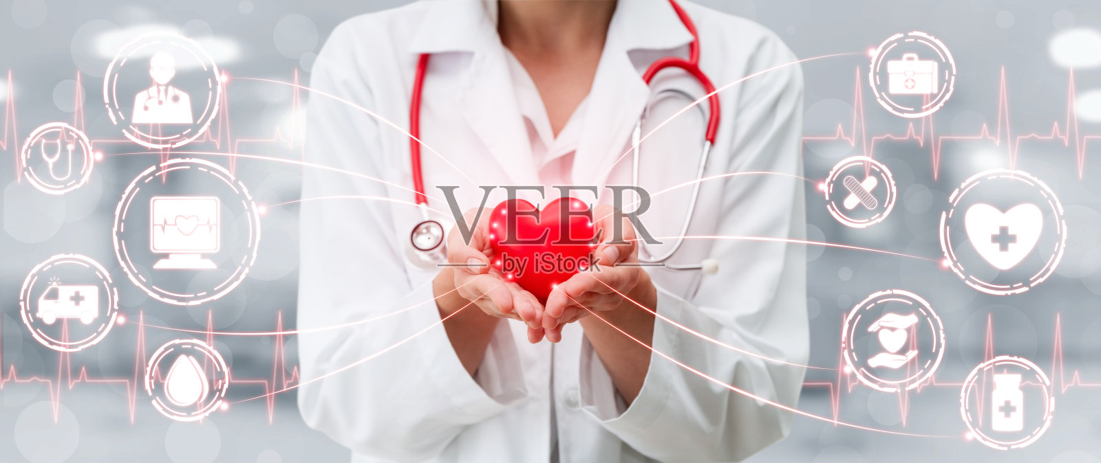 医疗保健概念-医生在医院与数字医疗图标图形横幅显示医学符号，医护人员，紧急服务网络，医生数据的患者健康。照片摄影图片