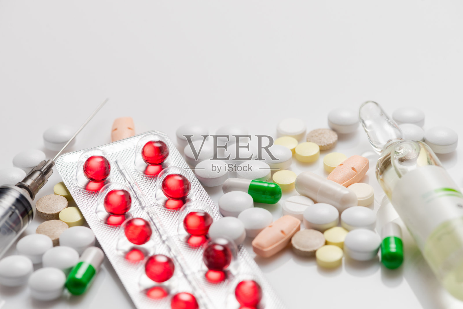 许多彩色的药物。俯视图，复制空间。照片摄影图片