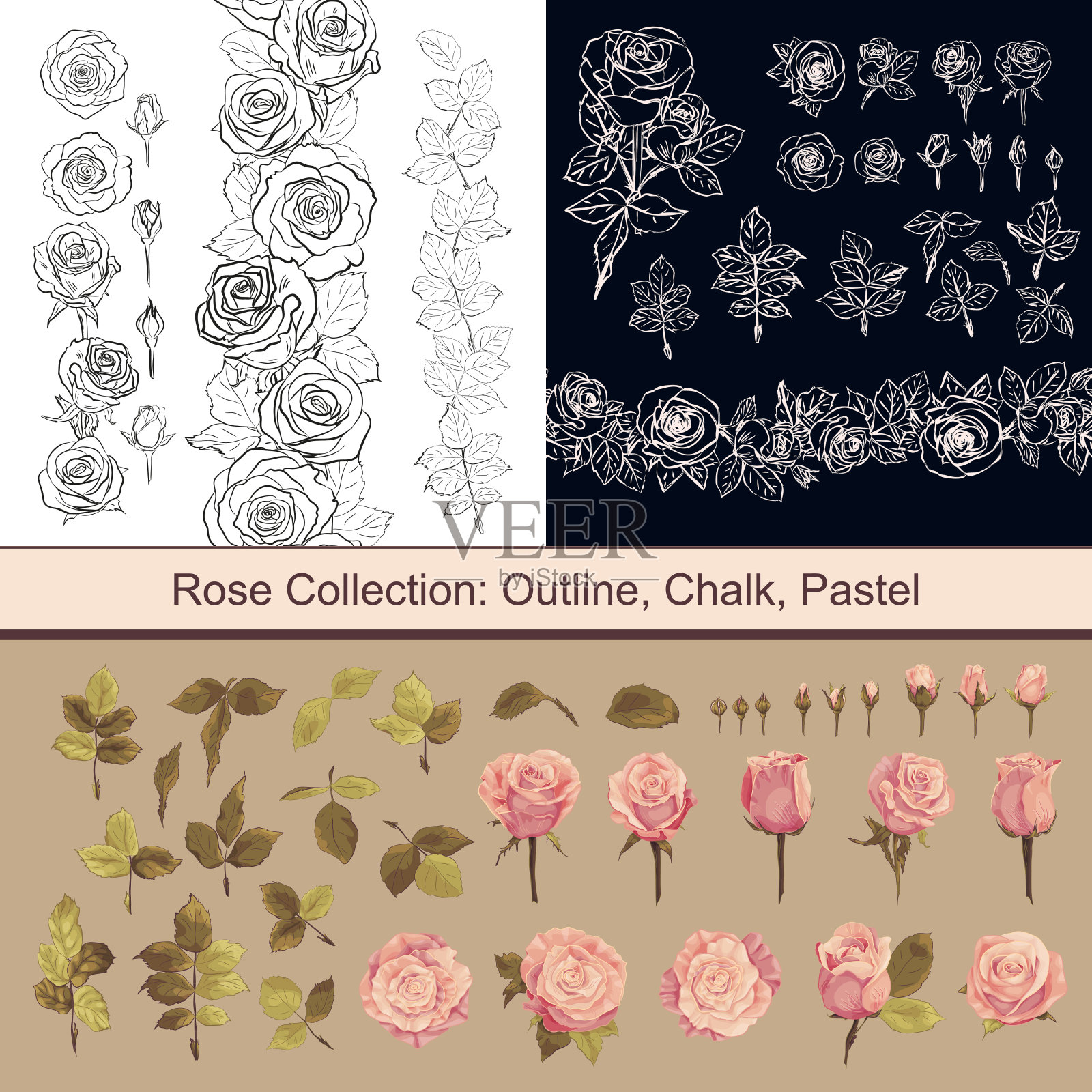一套孤立的玫瑰花和叶手绘在不同的风格。轮廓，粉笔，粉彩玫瑰。向量收集玫瑰花蕾插画图片素材