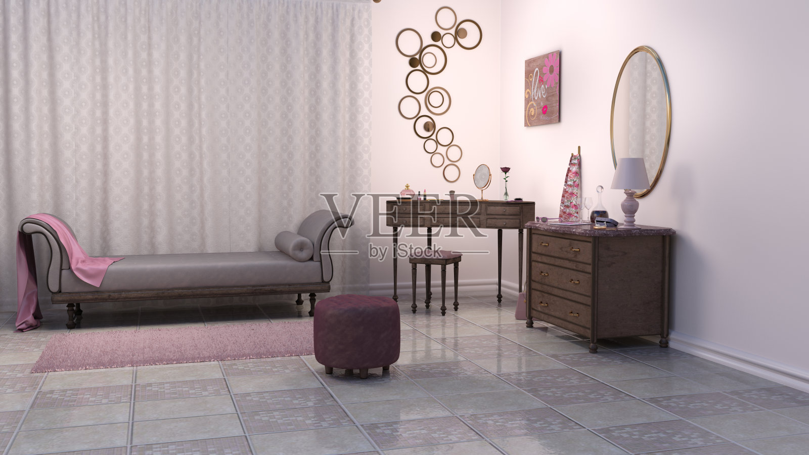 3D插图粉色女性客厅室内照片摄影图片