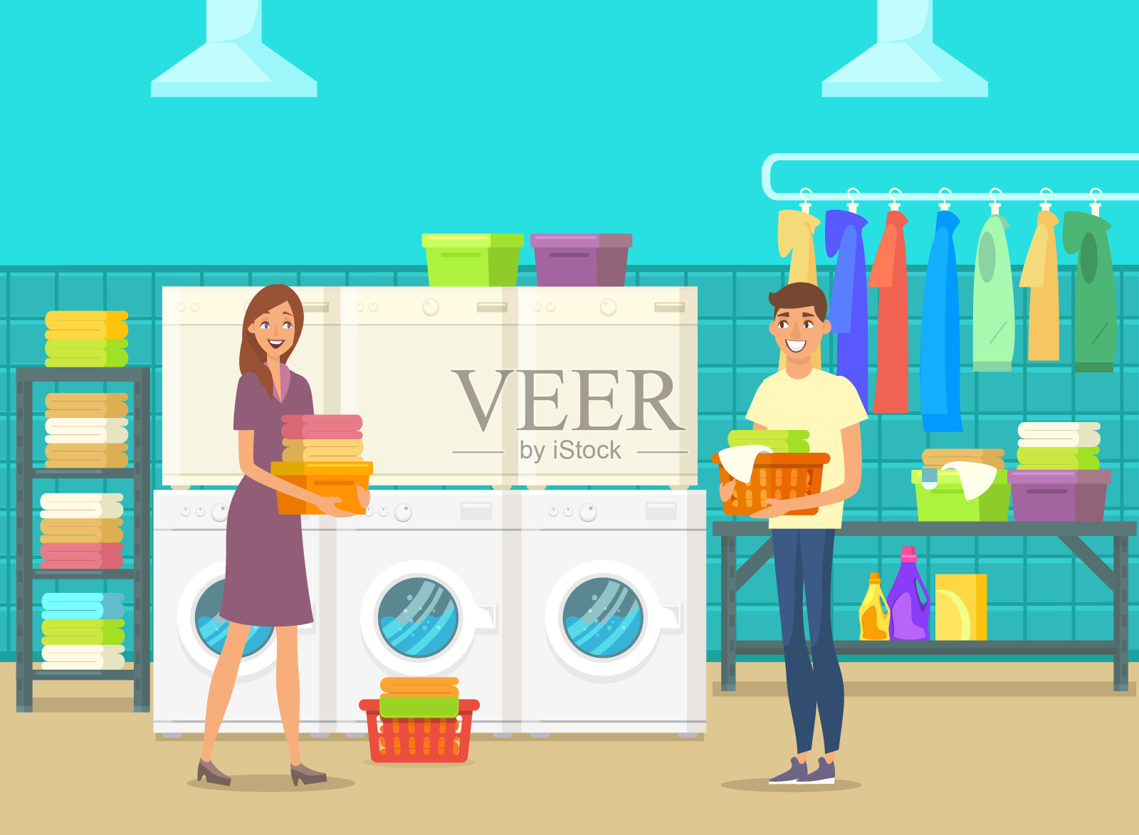 洗衣房里的快乐男女插画图片素材