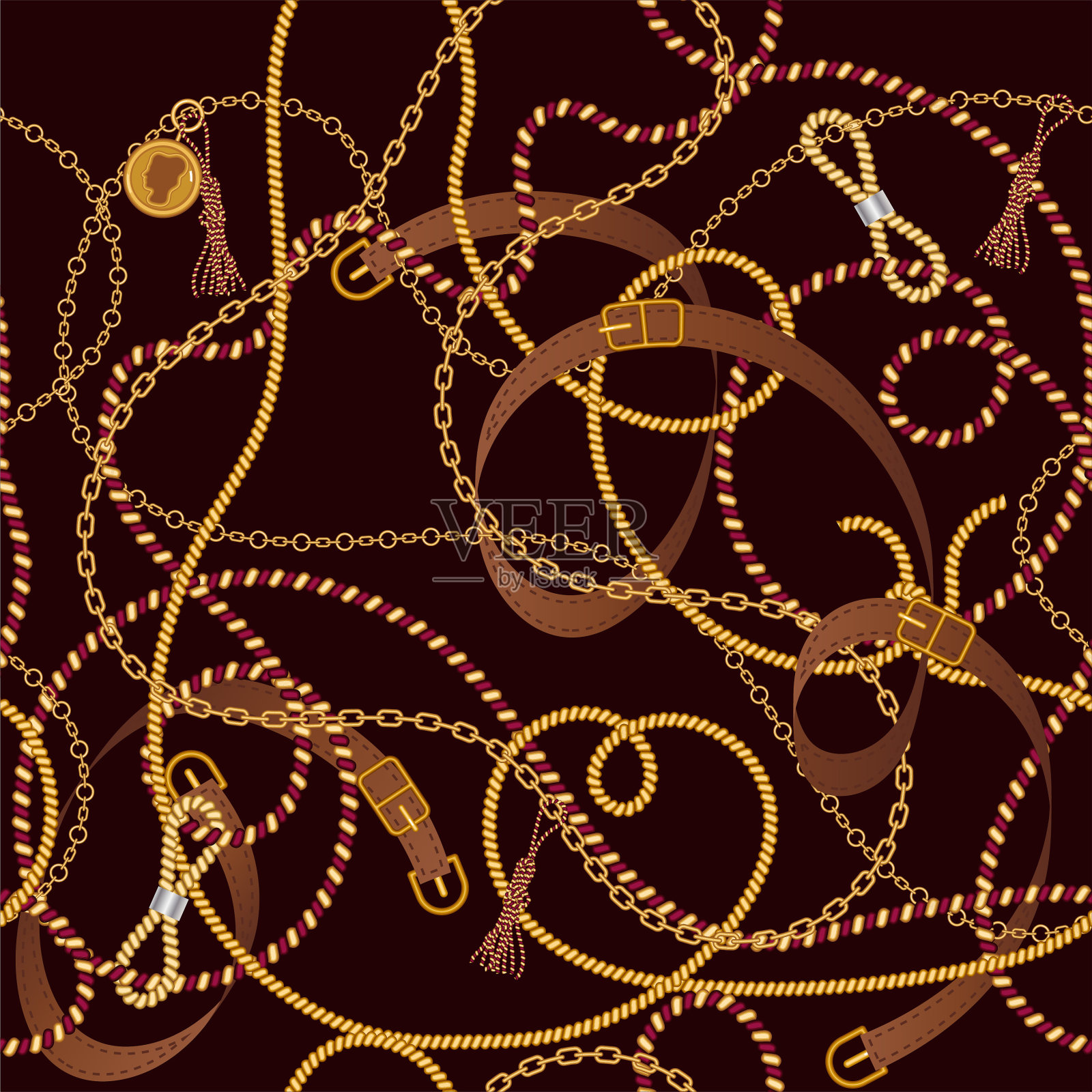 无缝图案与珠宝链和腰带的面料设计。设计元素图片