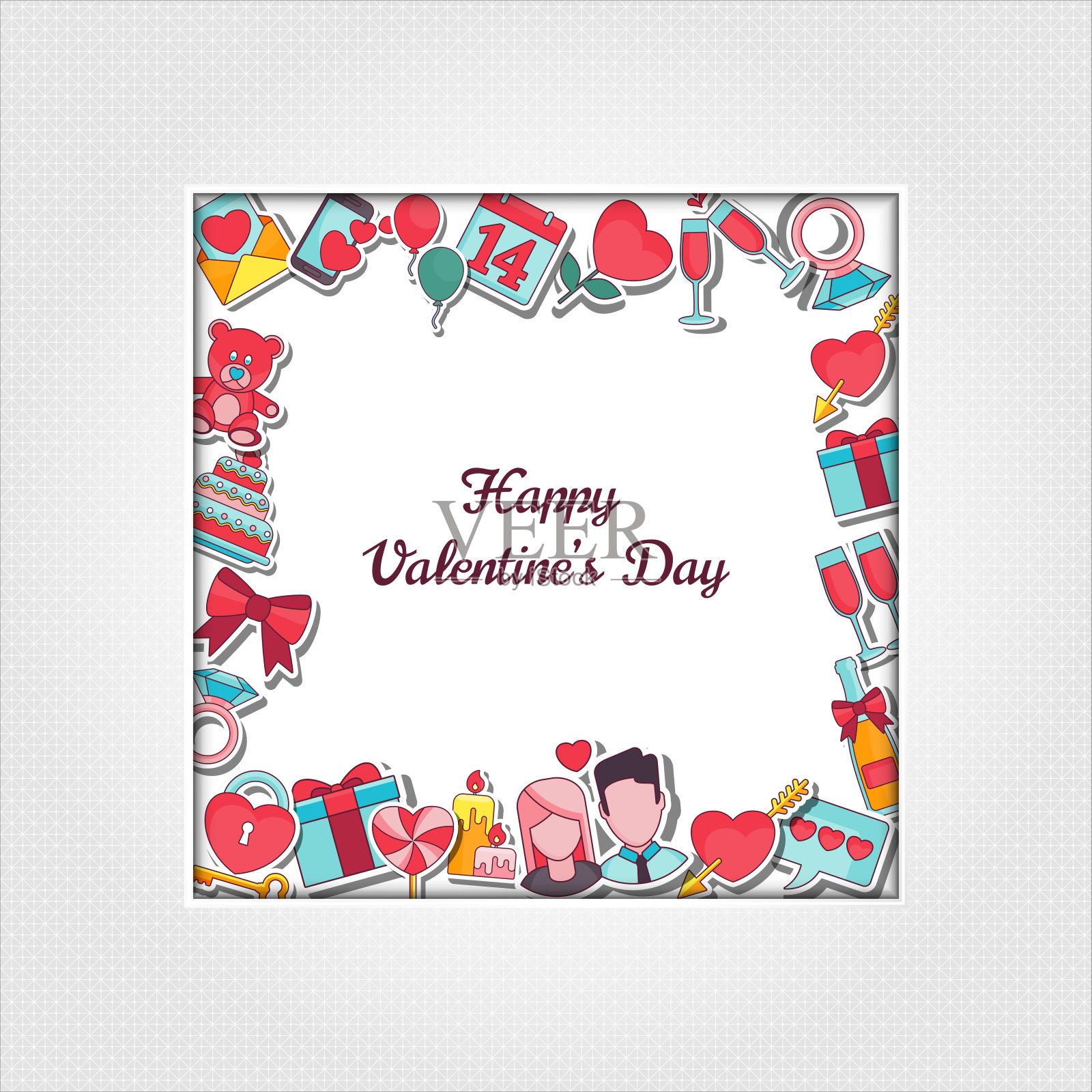 情人节贺卡与矢量平面轮廓图标设计模板素材