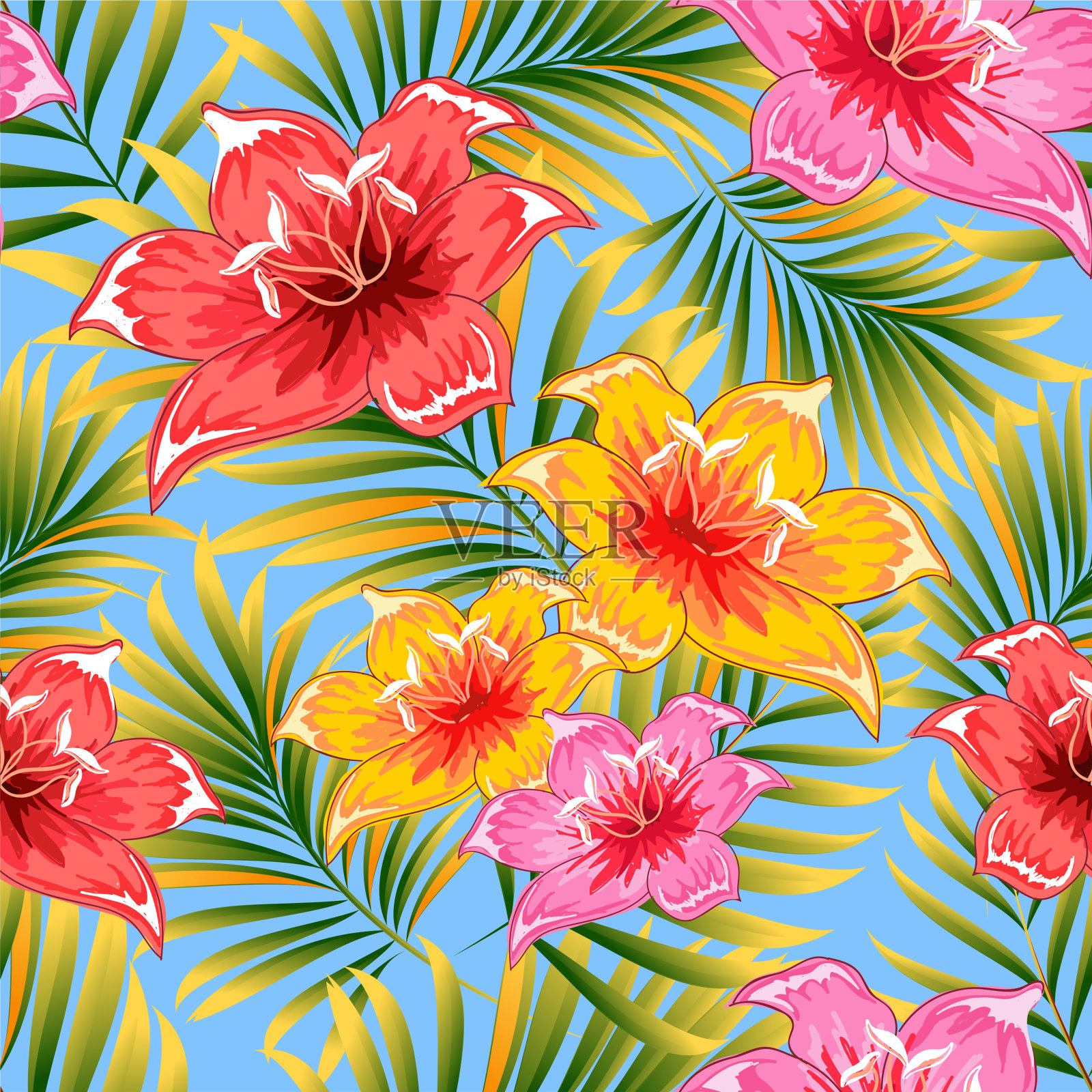 无缝图案的热带棕榈树，丛林中的树叶和花朵。手绘。向量花卉图案。插画图片素材