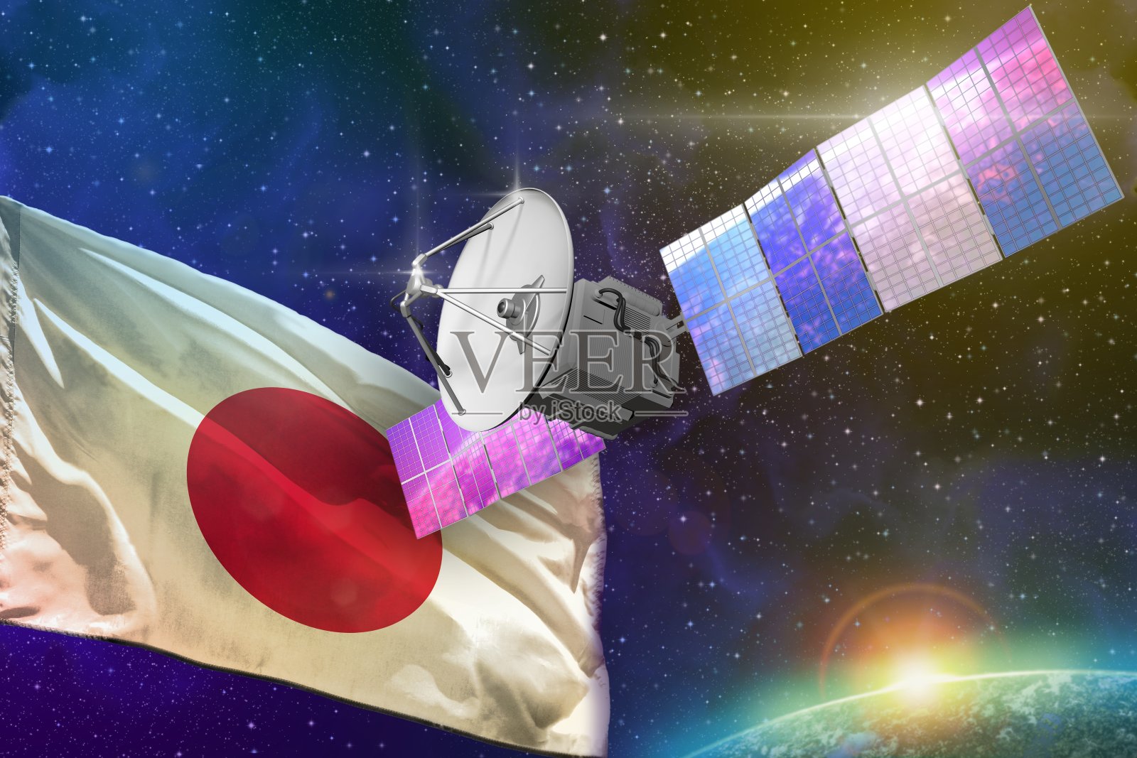 空间通信技术概念-卫星与日本国旗，3D插图照片摄影图片