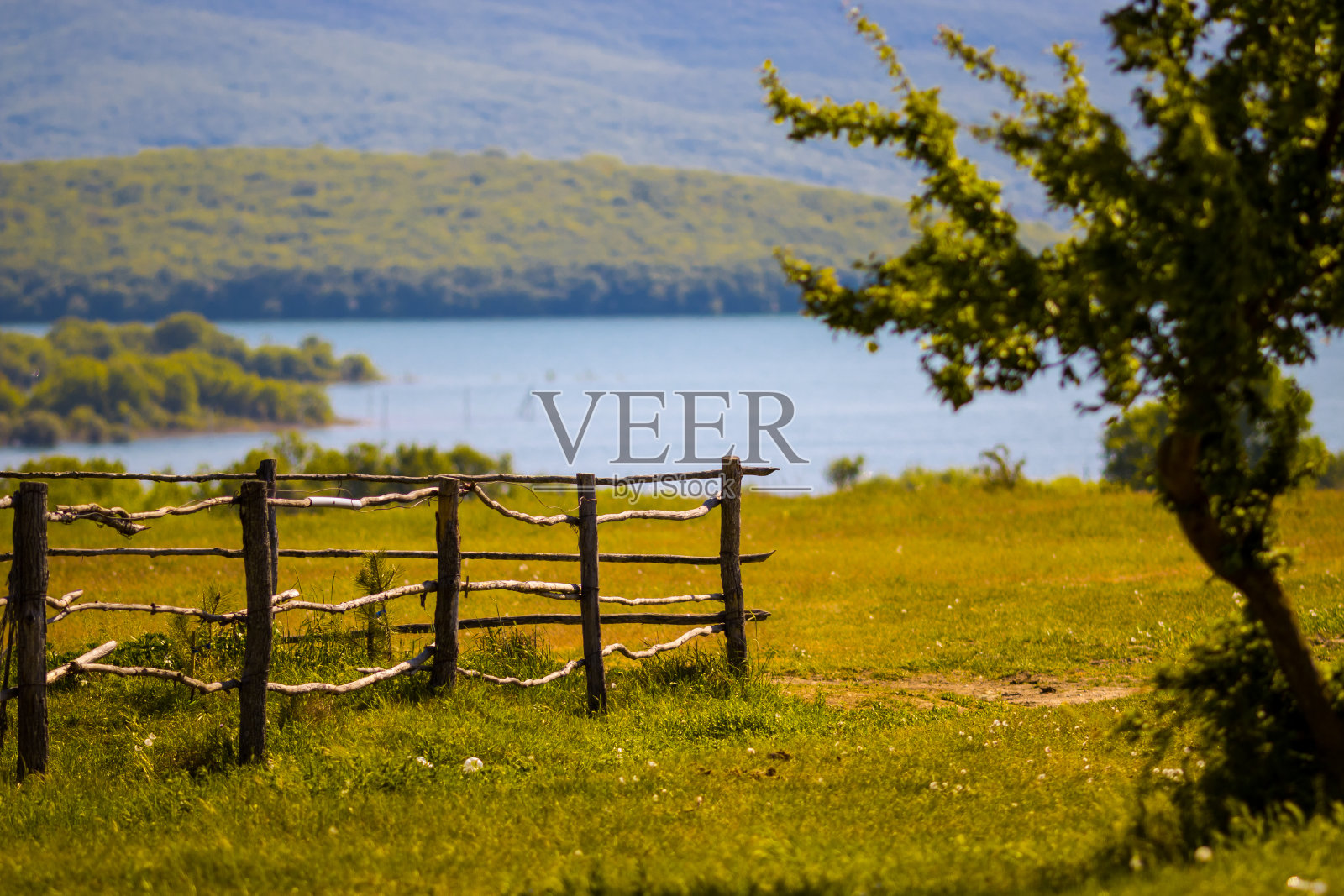 湖在山上，绿草照片摄影图片