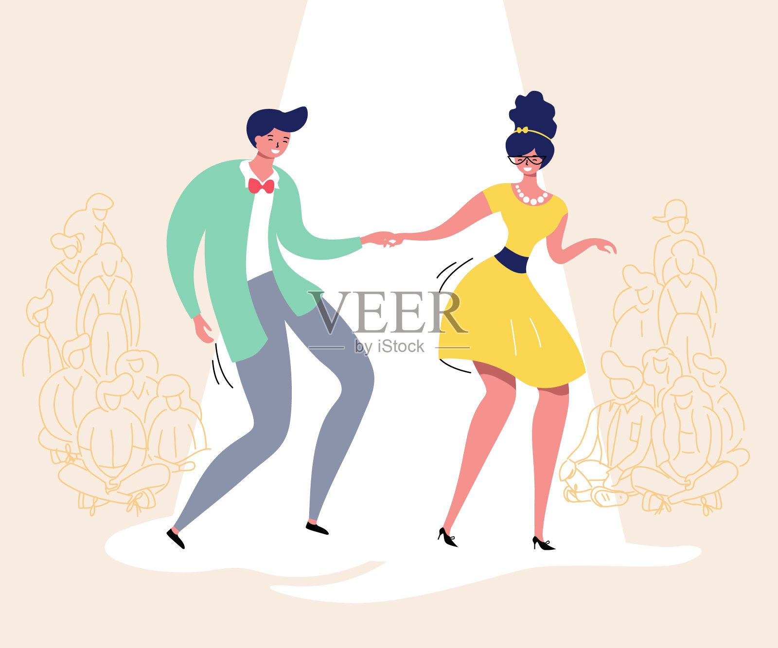 和观众一起跳舞。摇滚舞会。快乐的摇摆舞者与观众矢量插图孤立插画图片素材