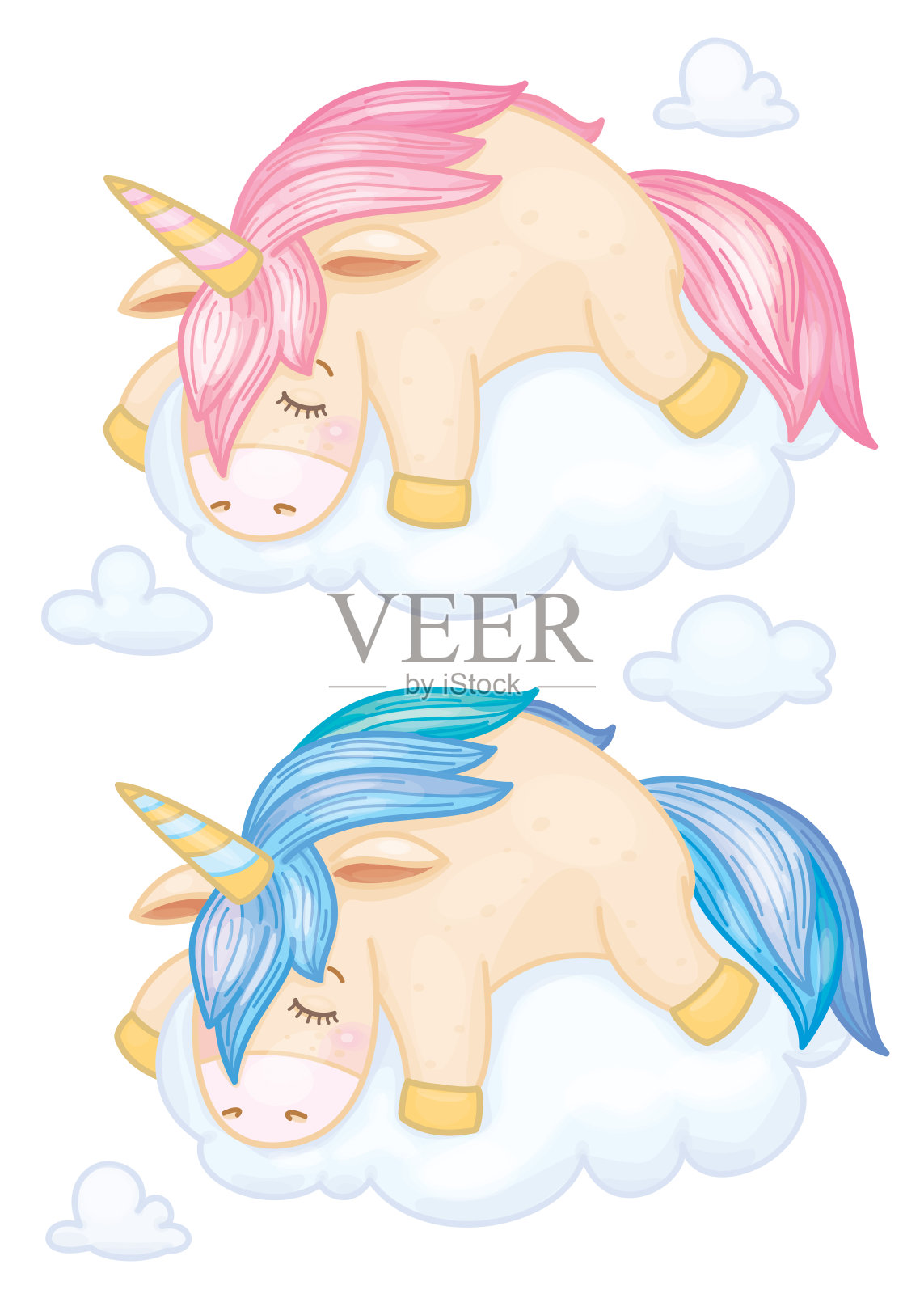 向量可爱，独角兽卡通睡在云。设计元素图片