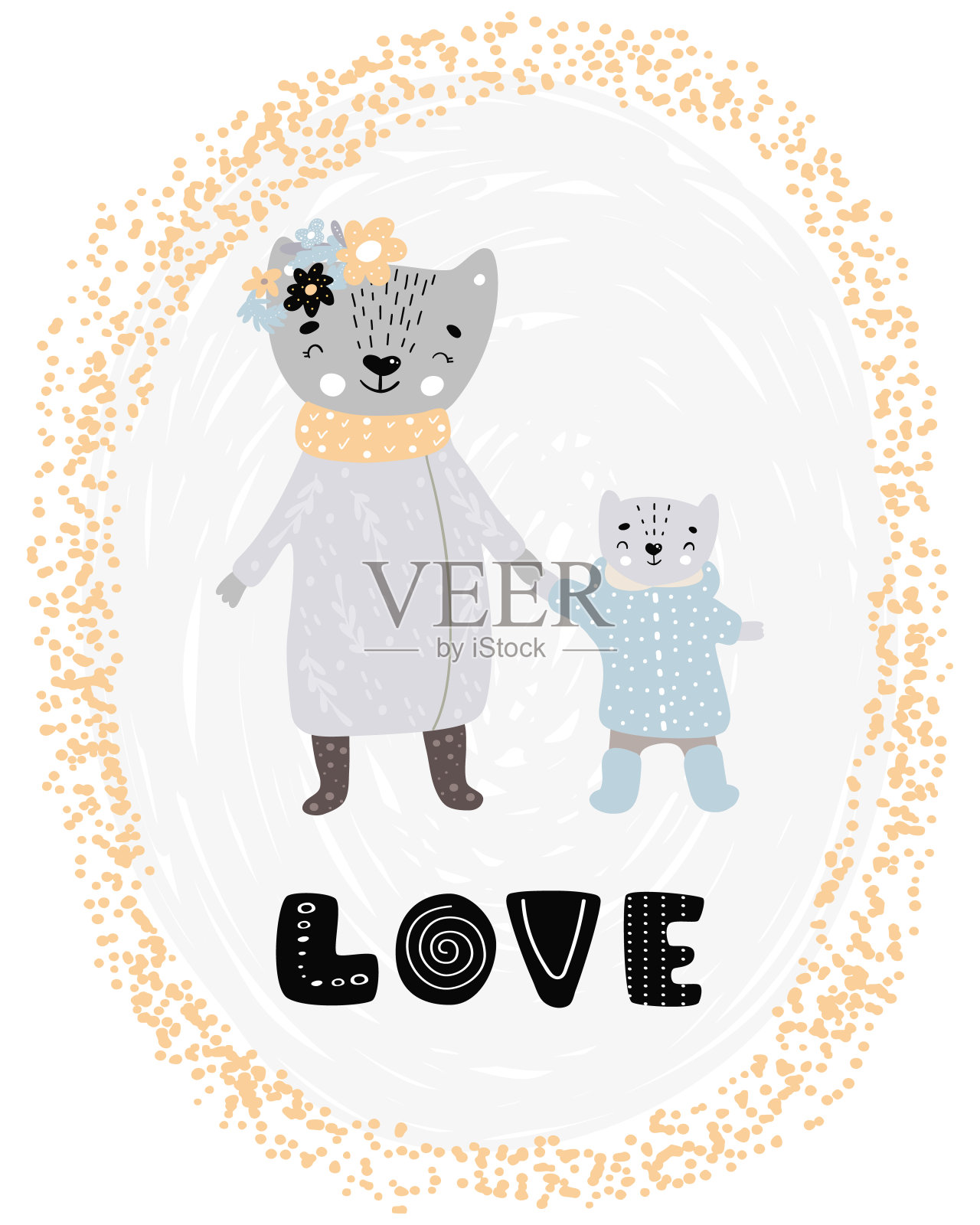 爱-可爱的手绘幼儿园海报，卡通人物动物妈妈猫和小儿子小猫和字母在斯堪的纳维亚风格。颜色向量插图。为孩子。插画图片素材