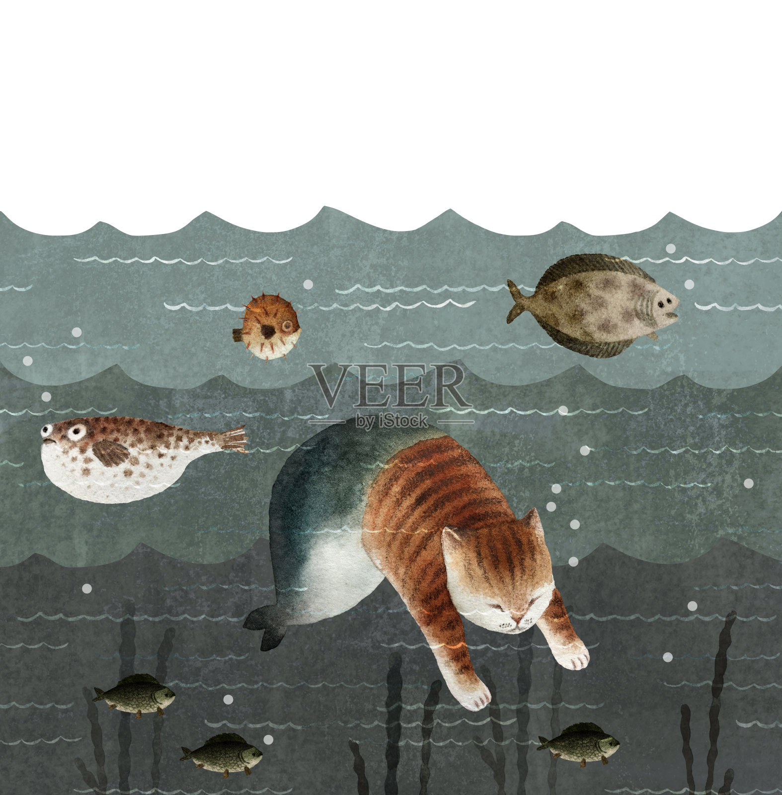 水彩画猫美人鱼和海插画图片素材