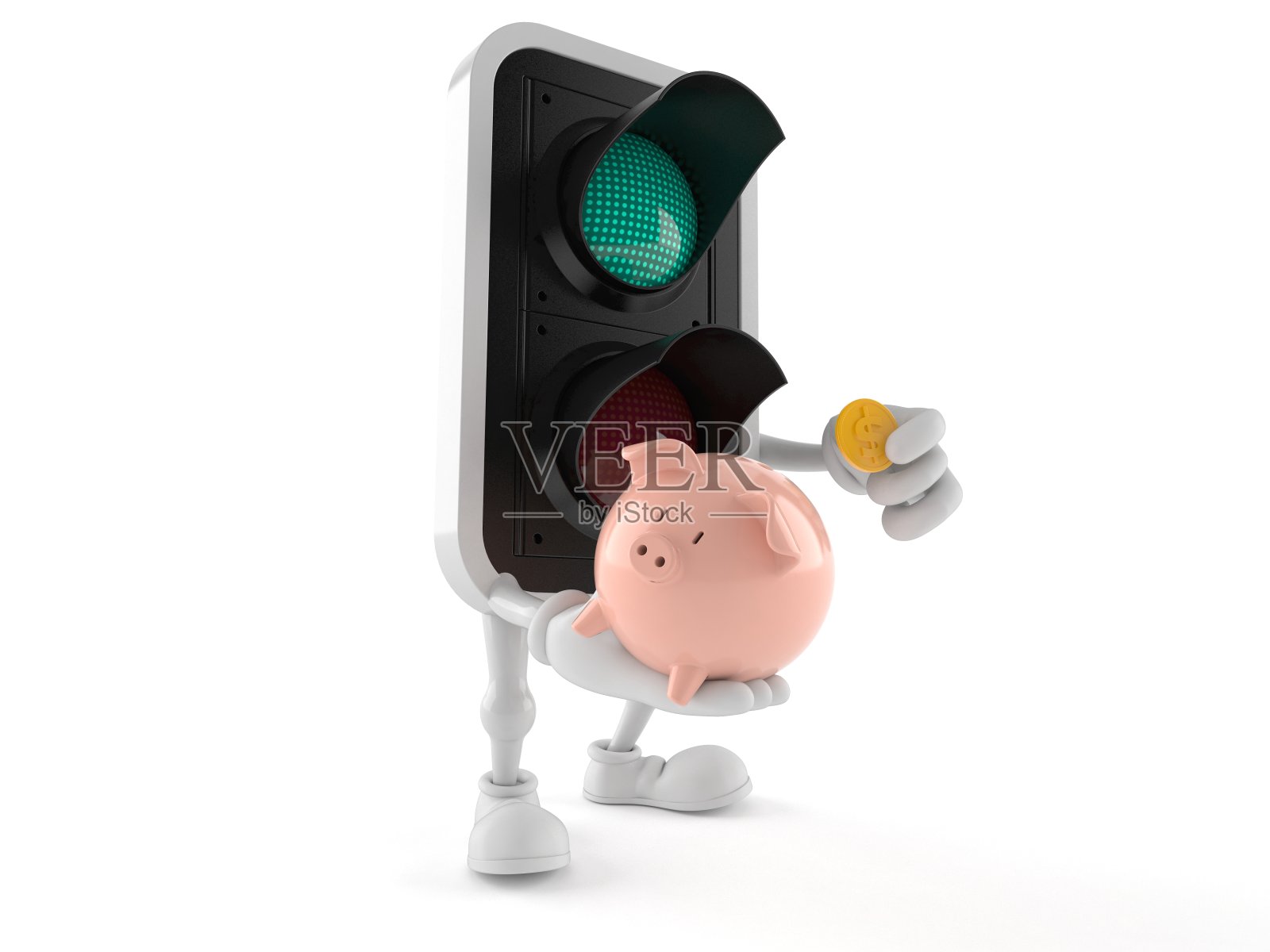 绿色的交通灯字符抱着小猪储蓄罐与硬币照片摄影图片