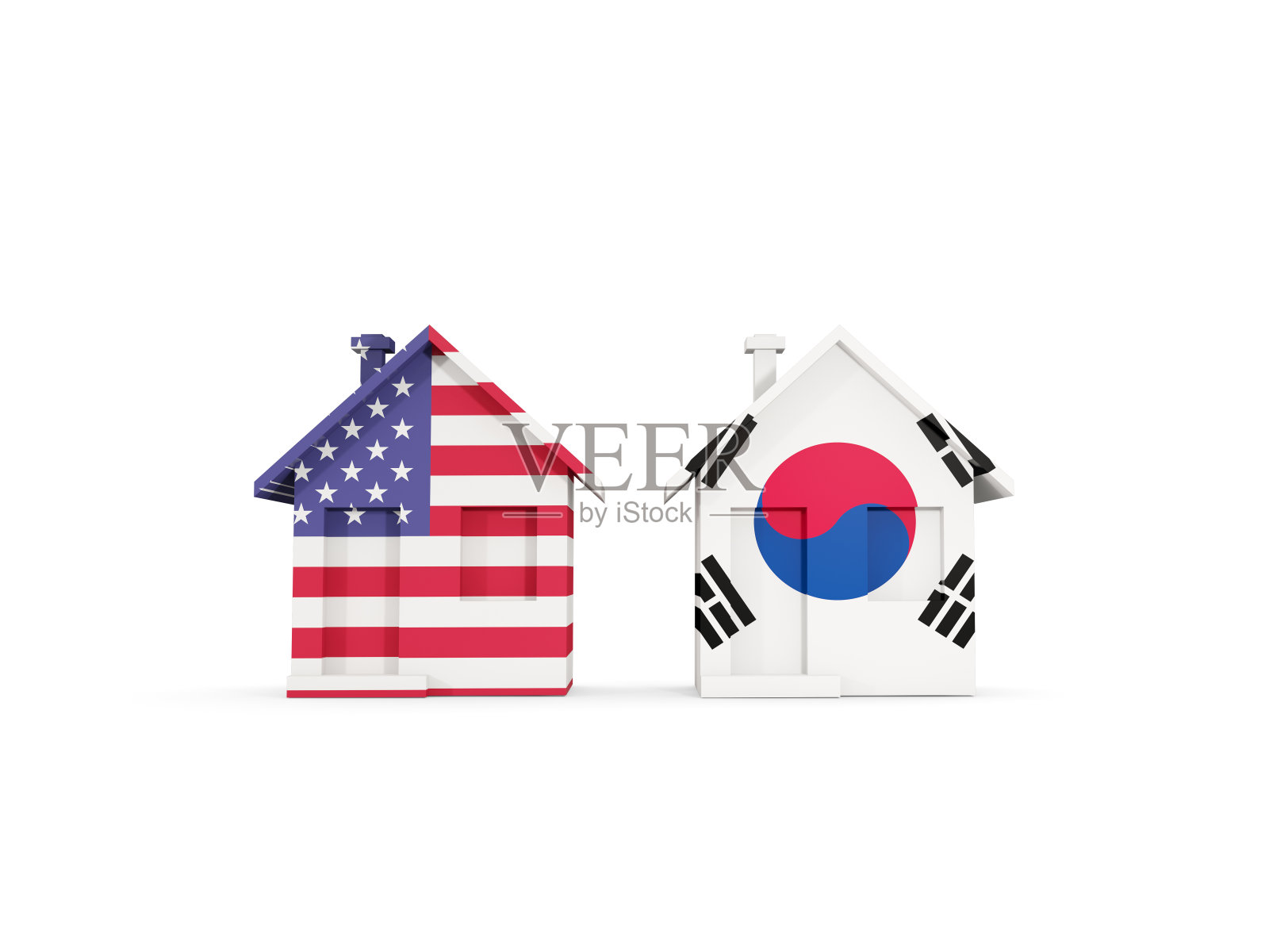 两幢带有美国和韩国国旗的房子照片摄影图片