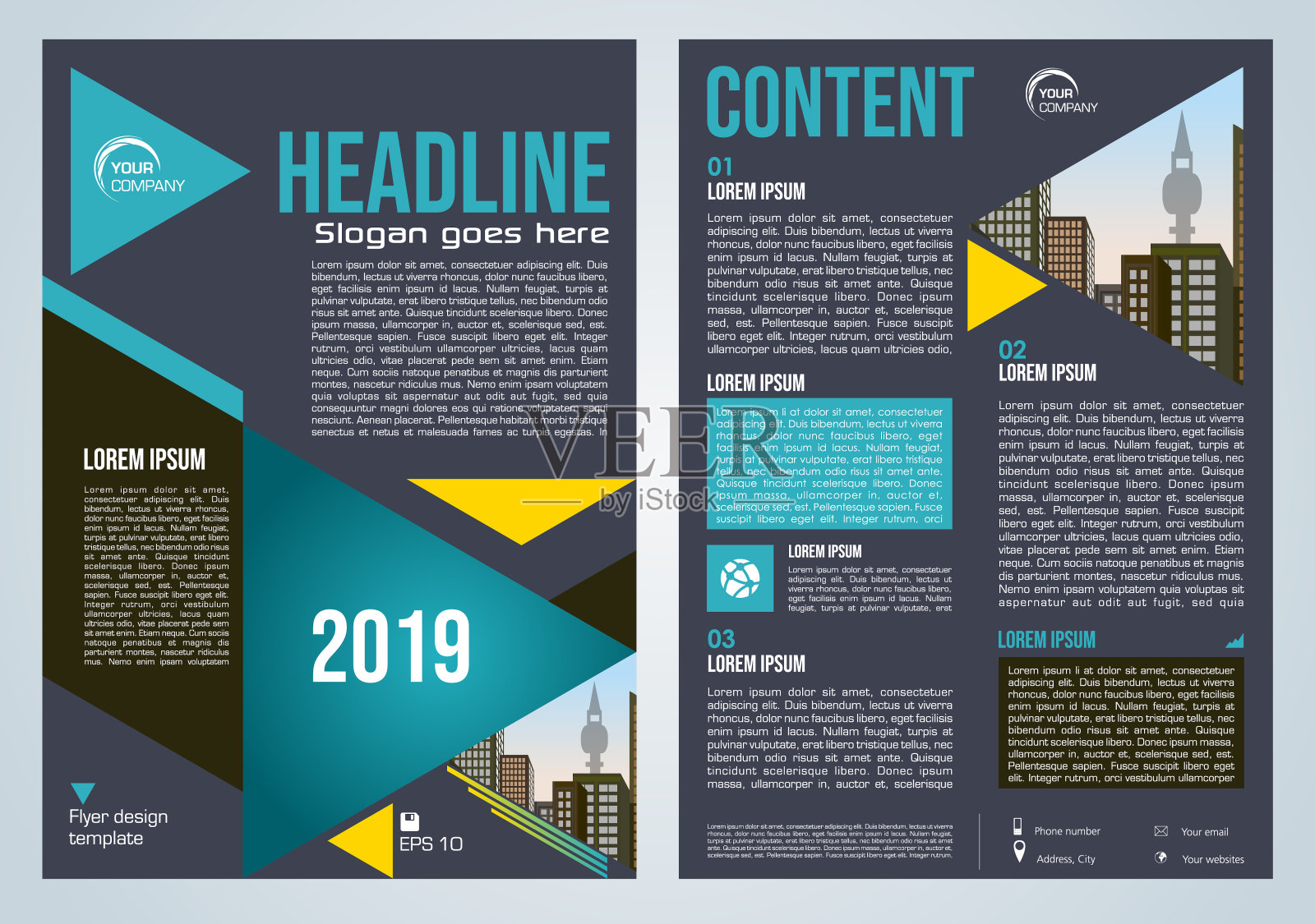 矢量传单，公司业务，年度报告，宣传册设计和封面演示与青色三角形和城市设计模板素材