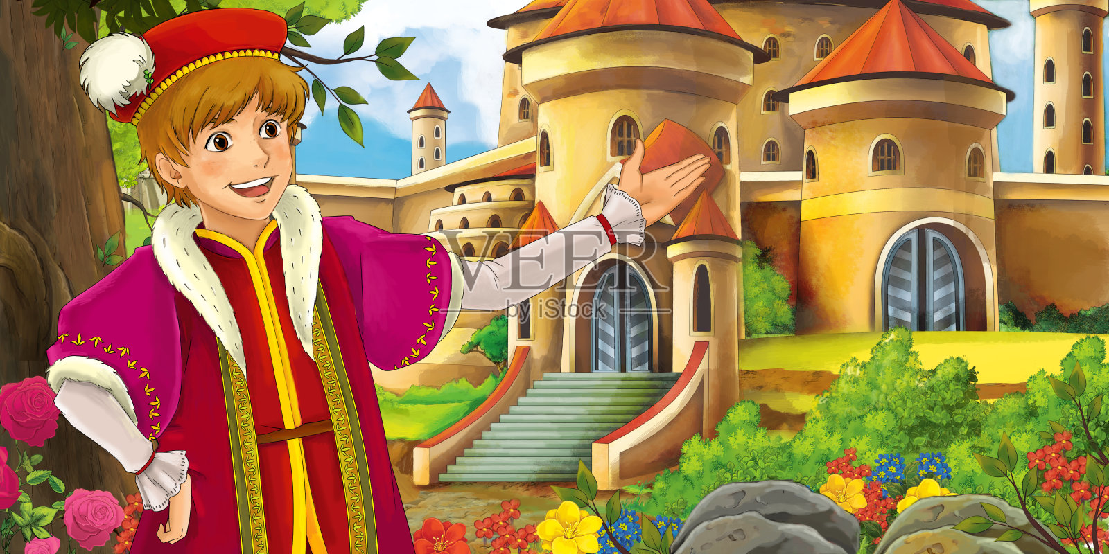 卡通自然景观与美丽的城堡附近的森林和英俊的年轻王子插画图片素材