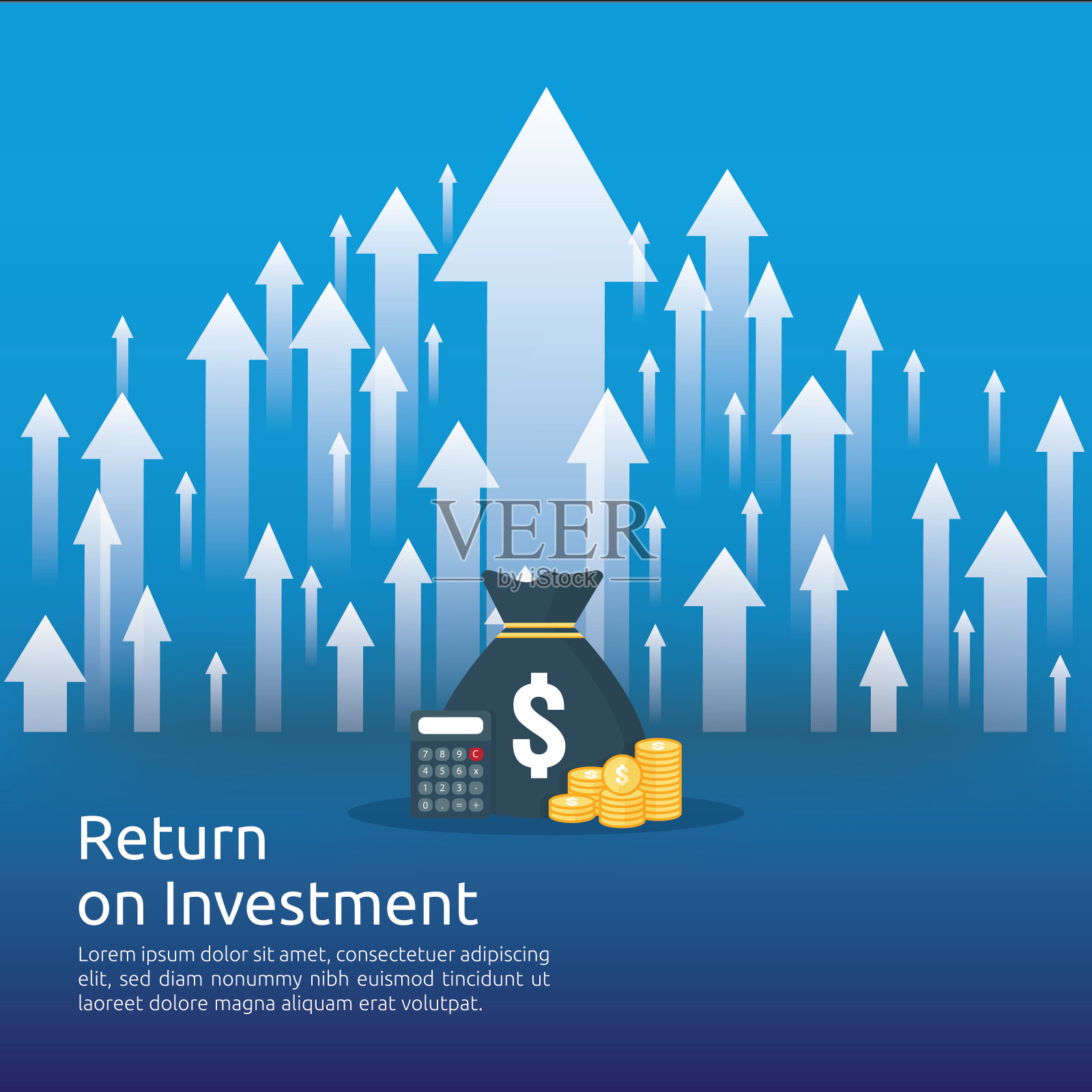 投资回报ROI概念。商业增长的成功之箭。美元堆硬币和钱袋。图增加利润。金融扩张上升。旗帜平面风格矢量插图插画图片素材