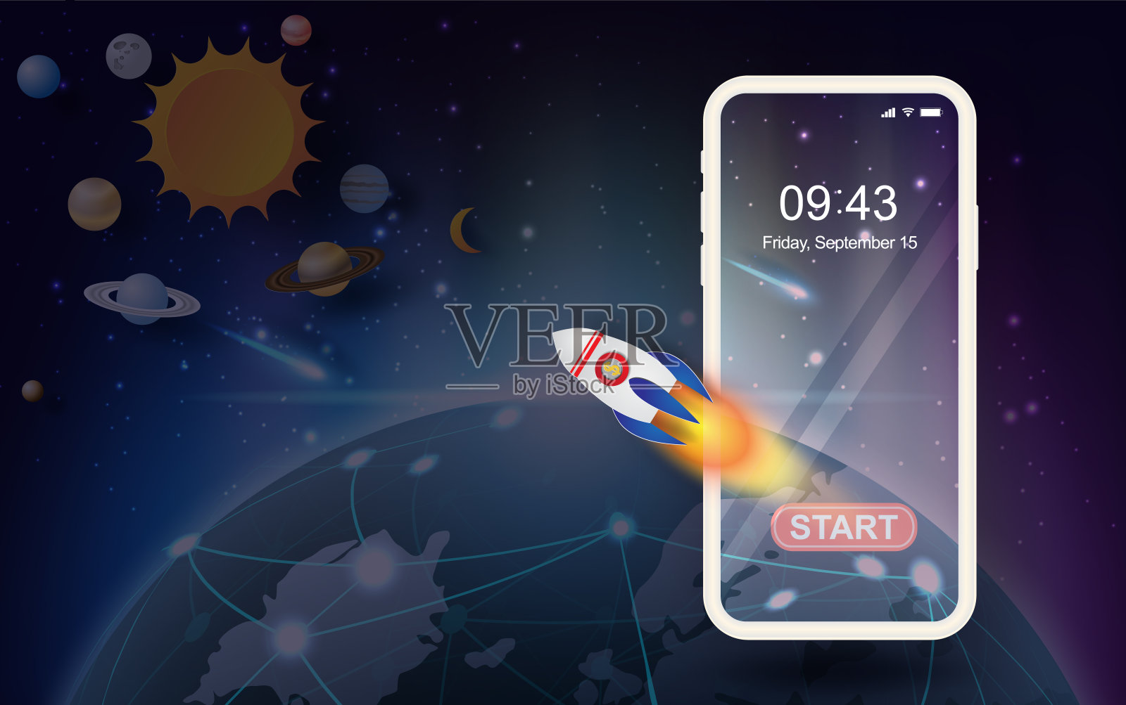 插图地球与极光光技术移动或智能手机通信网络技术火箭启动业务数字金融美元概念美丽的夜晚。矢量插画图片素材