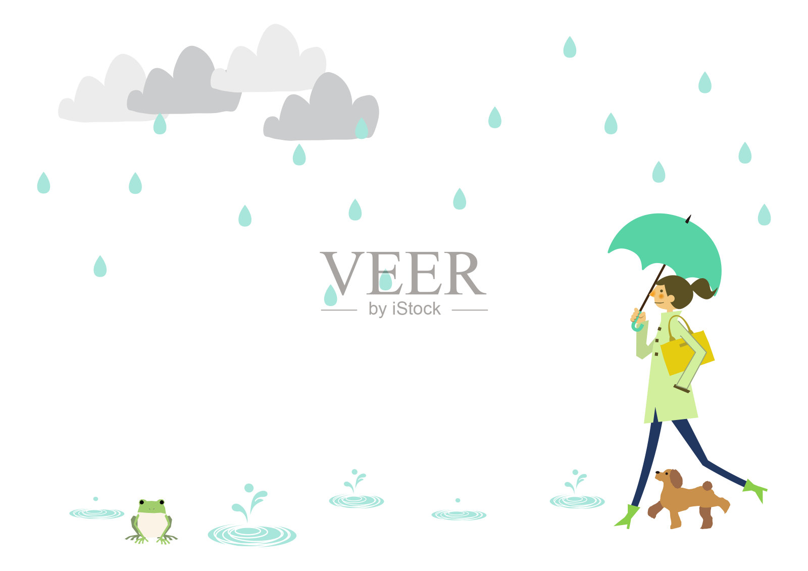 穿雨衣的人雨季剪贴画。一男一女撑伞。雨的图像。天气的插图。插画图片素材