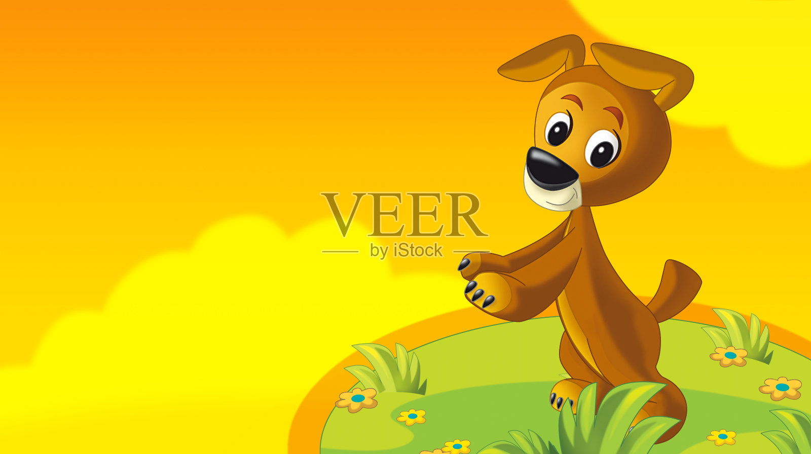 卡通夏季背景与狗在自然中散步-与文字空间插画图片素材